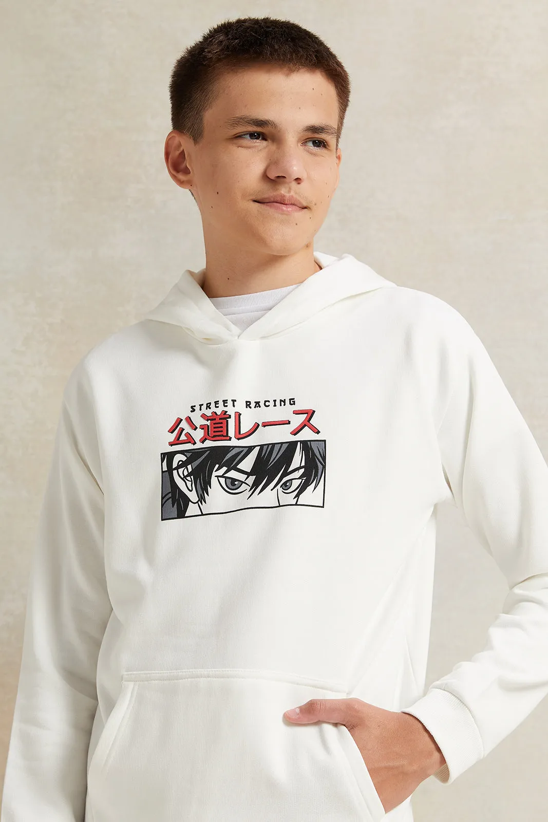 Senior Boys Ivory Kangaroo Pocket Oversize Sweatshirt