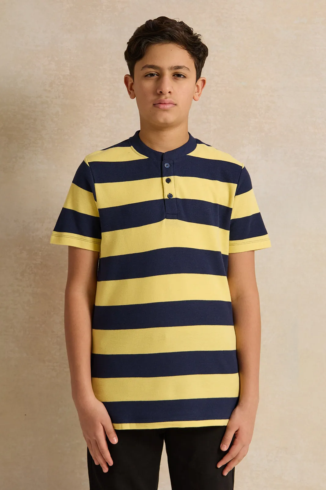 Senior Boys Yellow And Navy Striped Polo Shirt