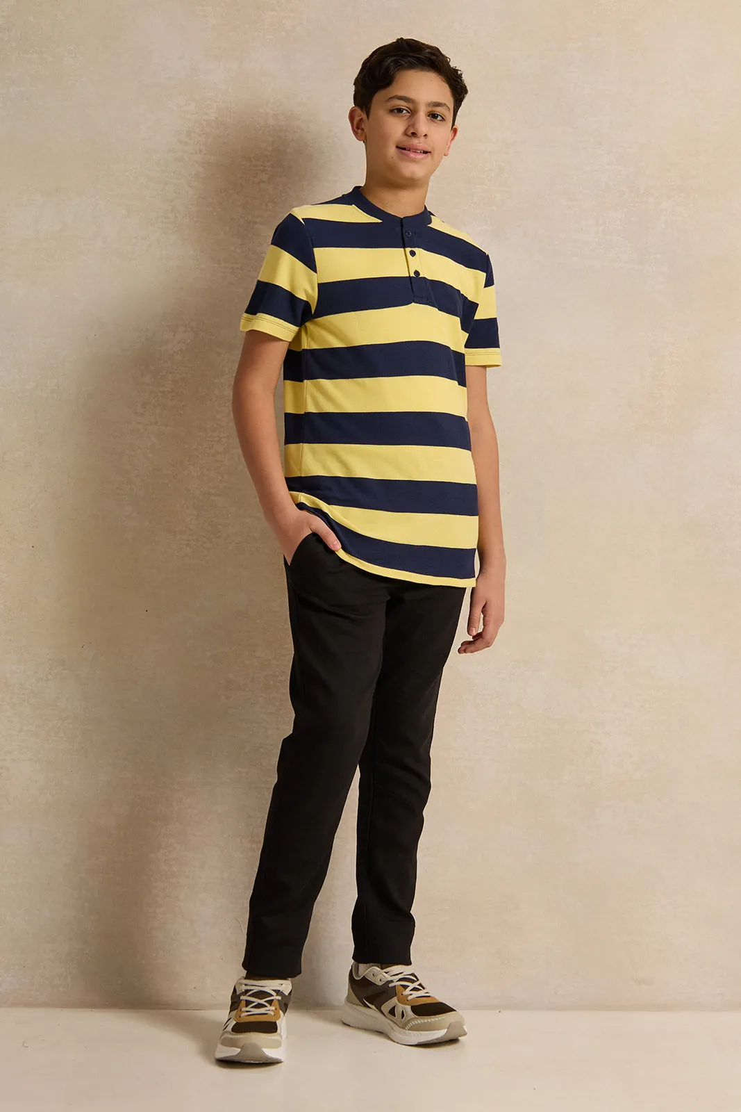 Senior Boys Yellow And Navy Striped Polo Shirt