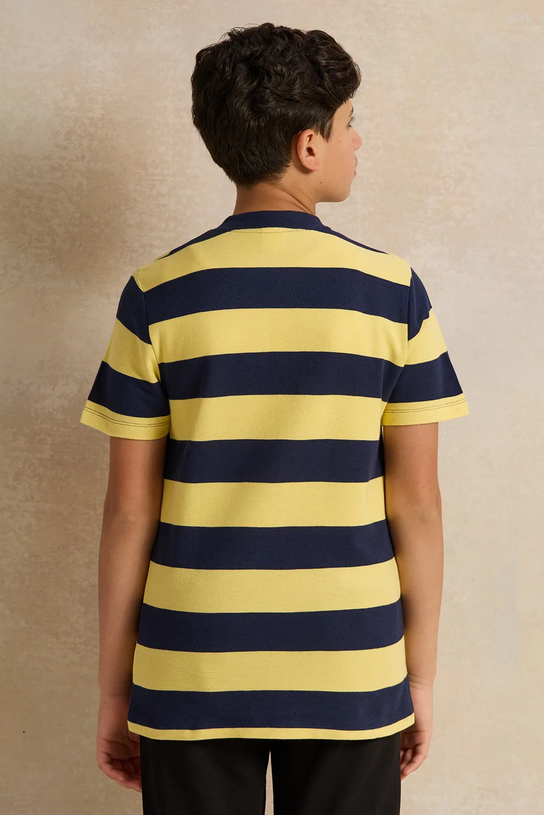 Senior Boys Yellow And Navy Striped Polo Shirt