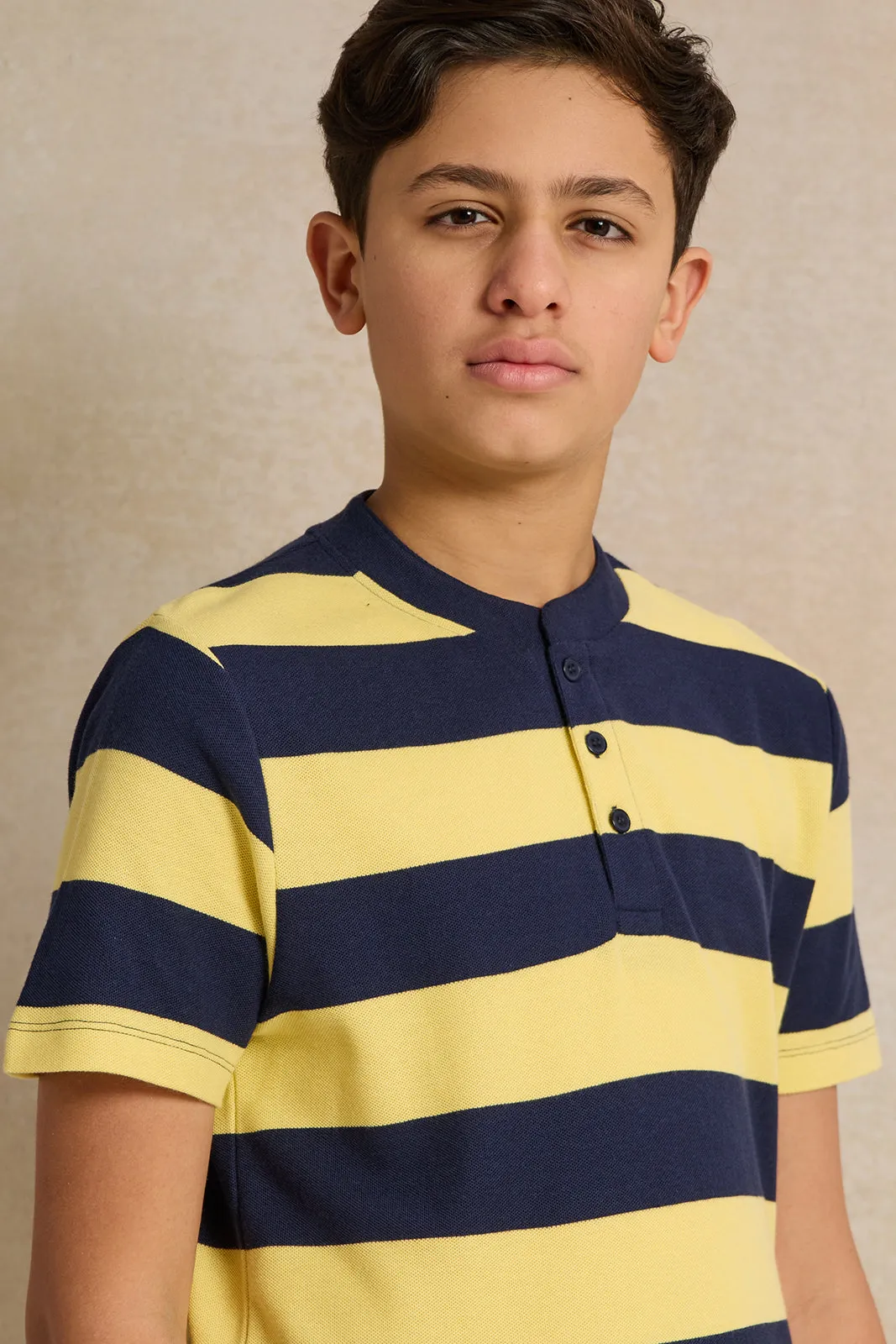 Senior Boys Yellow And Navy Striped Polo Shirt