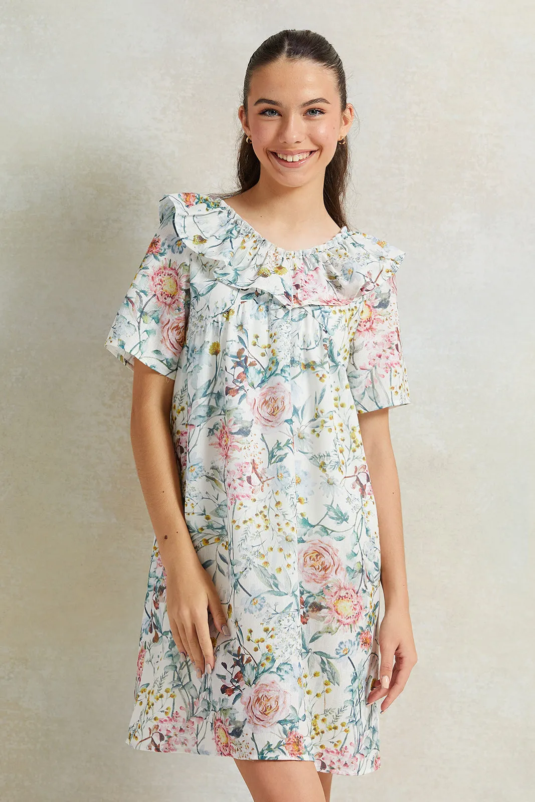 Senior Girls White Floral Ruffled  Printed Dress