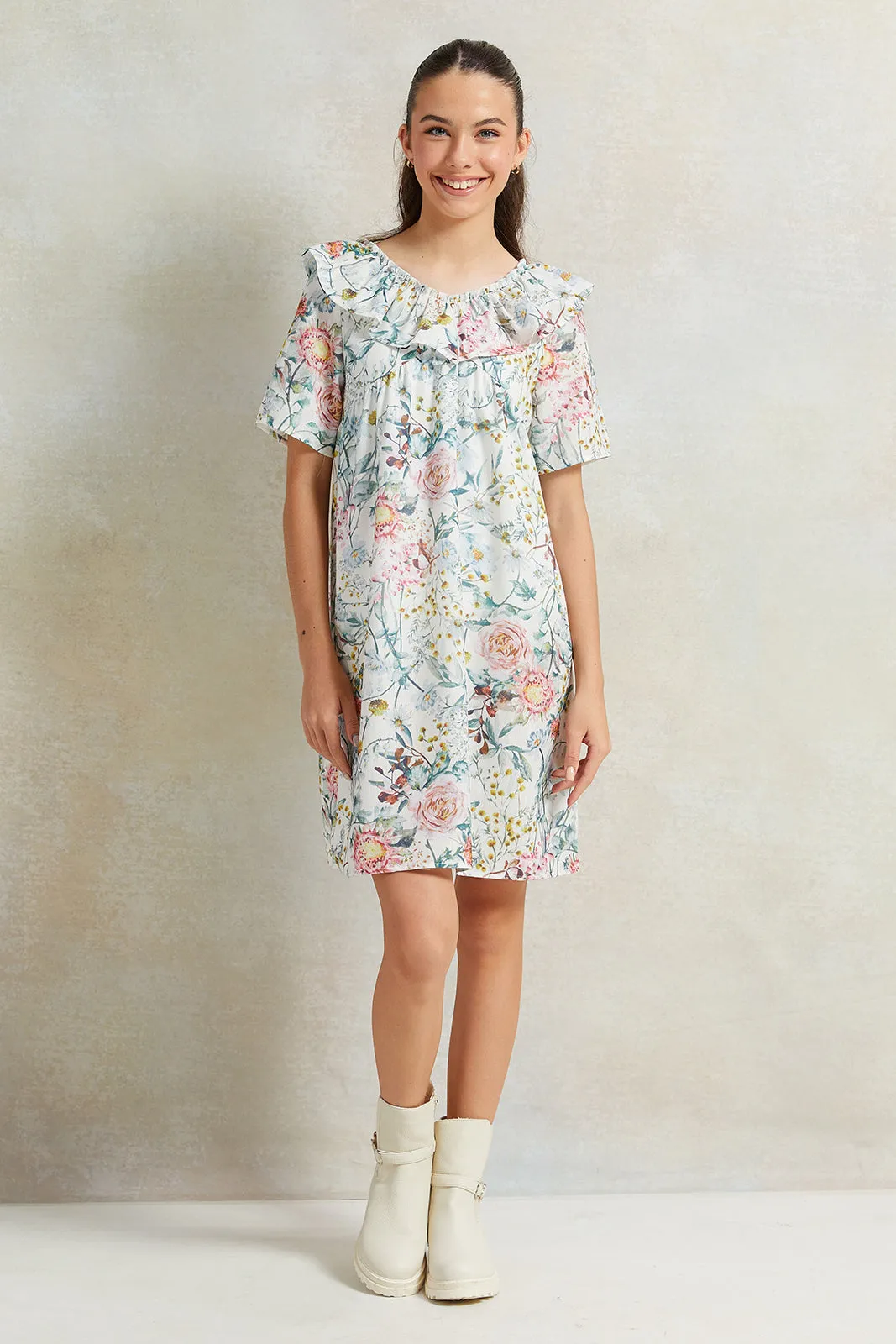 Senior Girls White Floral Ruffled  Printed Dress