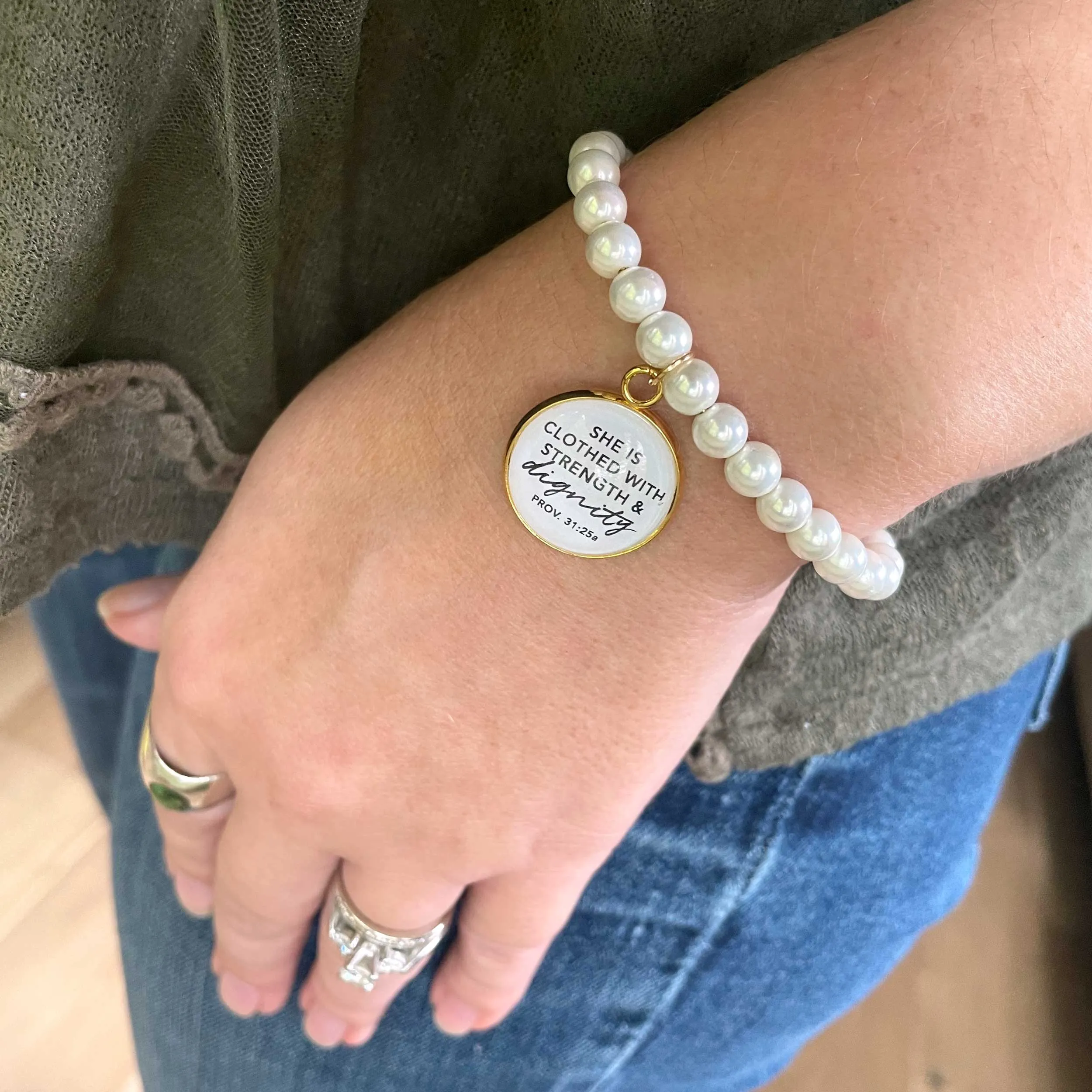 She is Clothed with Strength & Dignity Proverbs 31 Woman Scripture Pearl Jewelry Set – Bible Verse Bracelet, Necklace, Earrings 