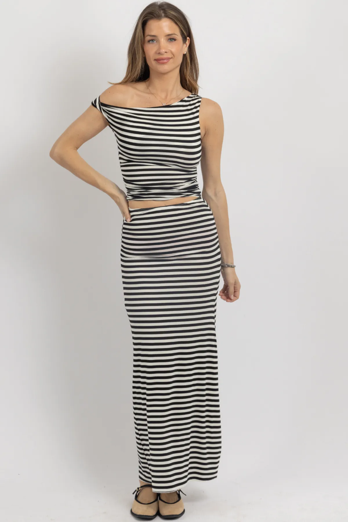 SHIRRED SHOULDER STRIPE SKIRT SET