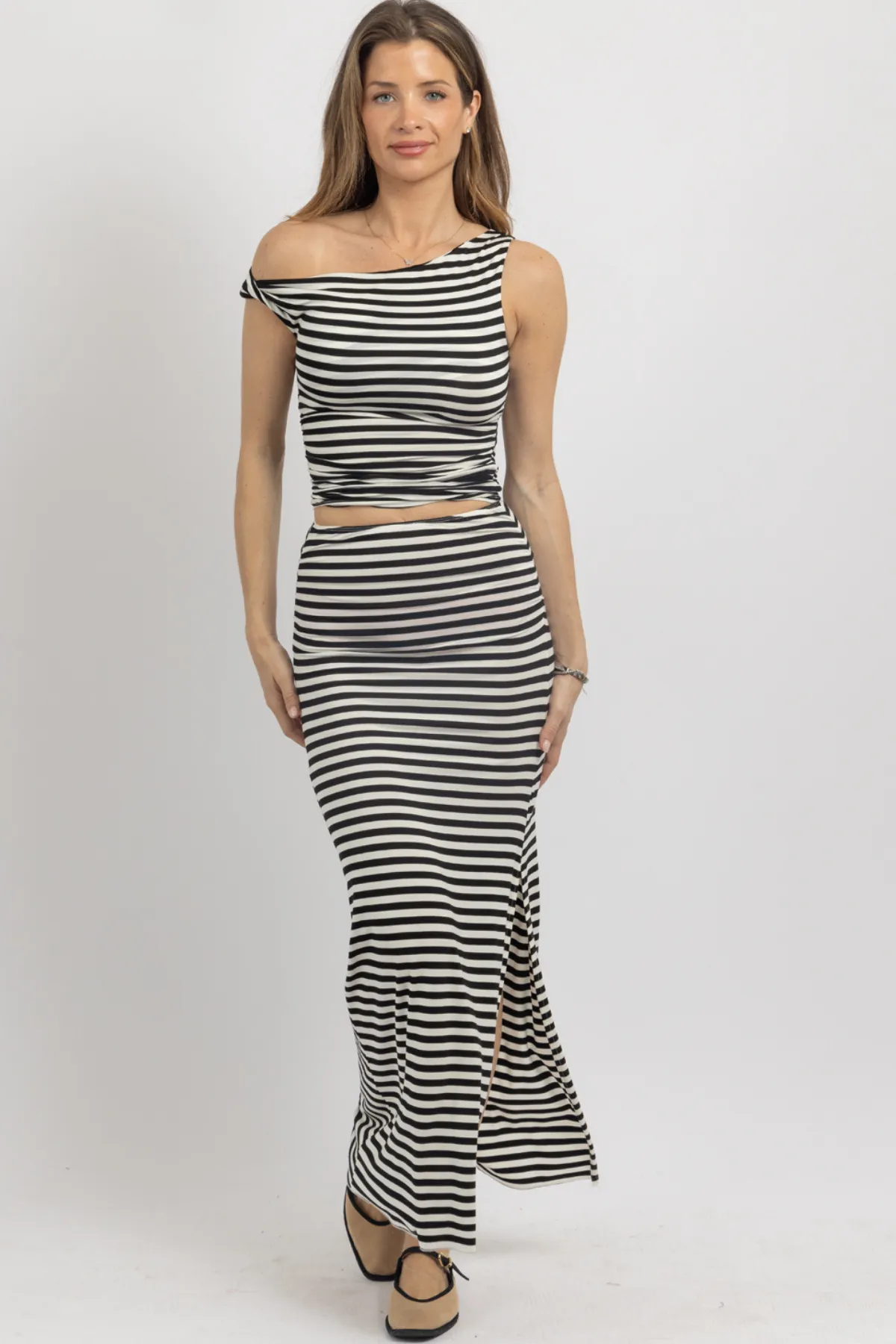 SHIRRED SHOULDER STRIPE SKIRT SET