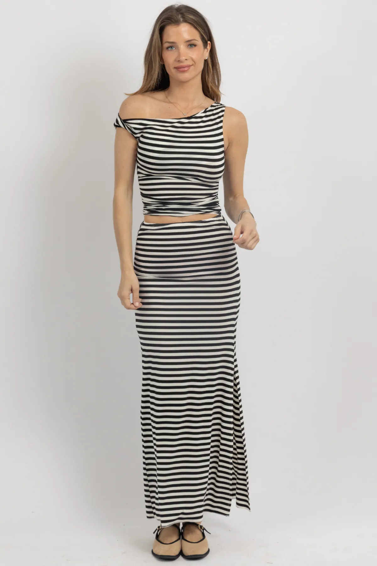 SHIRRED SHOULDER STRIPE SKIRT SET