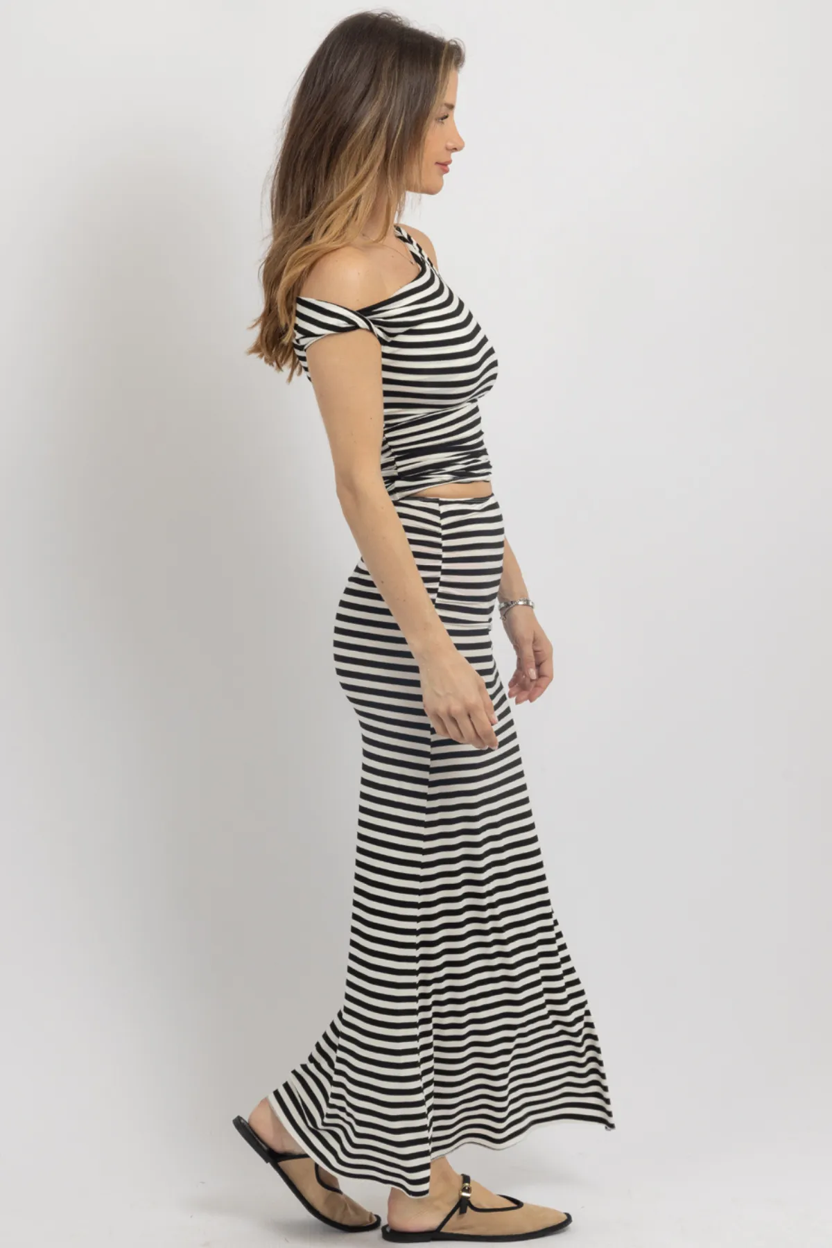 SHIRRED SHOULDER STRIPE SKIRT SET