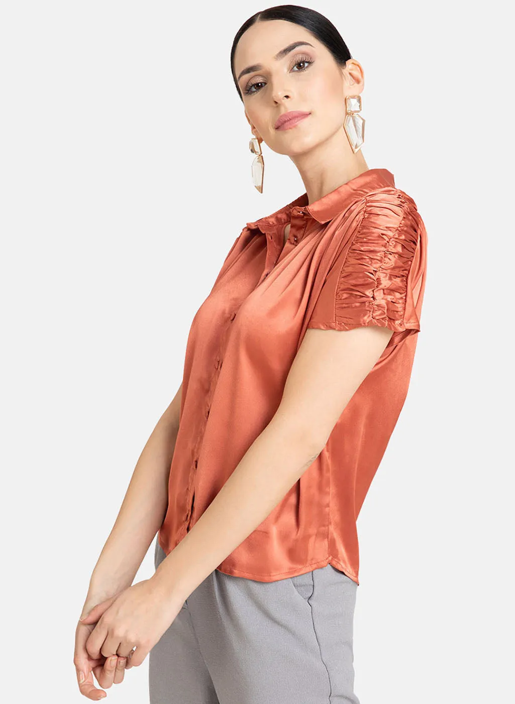 Smocked Shoulder Loose Fit Shirt.