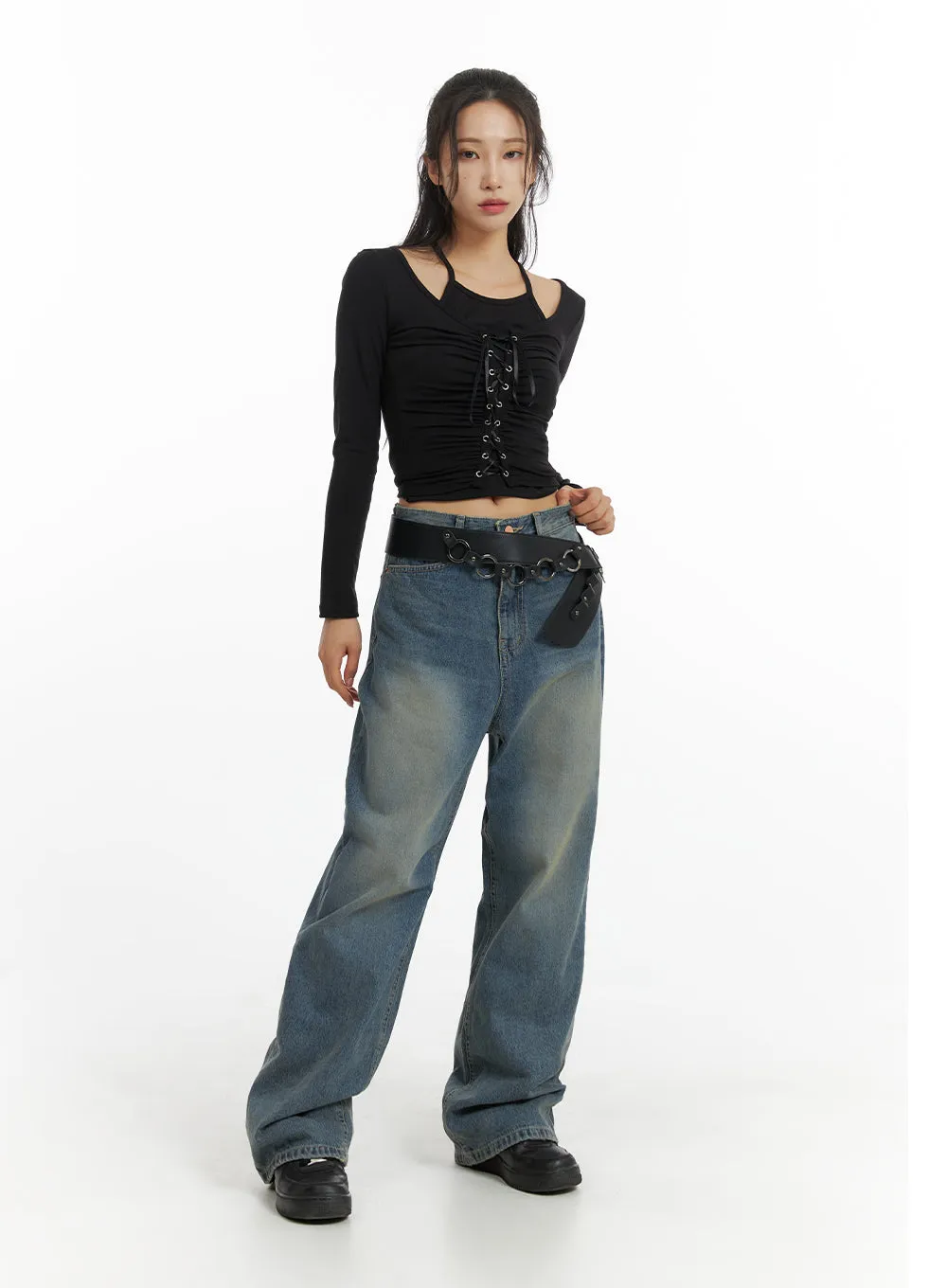 Mid Waist Pocket Straight Leg Jeans IJ411