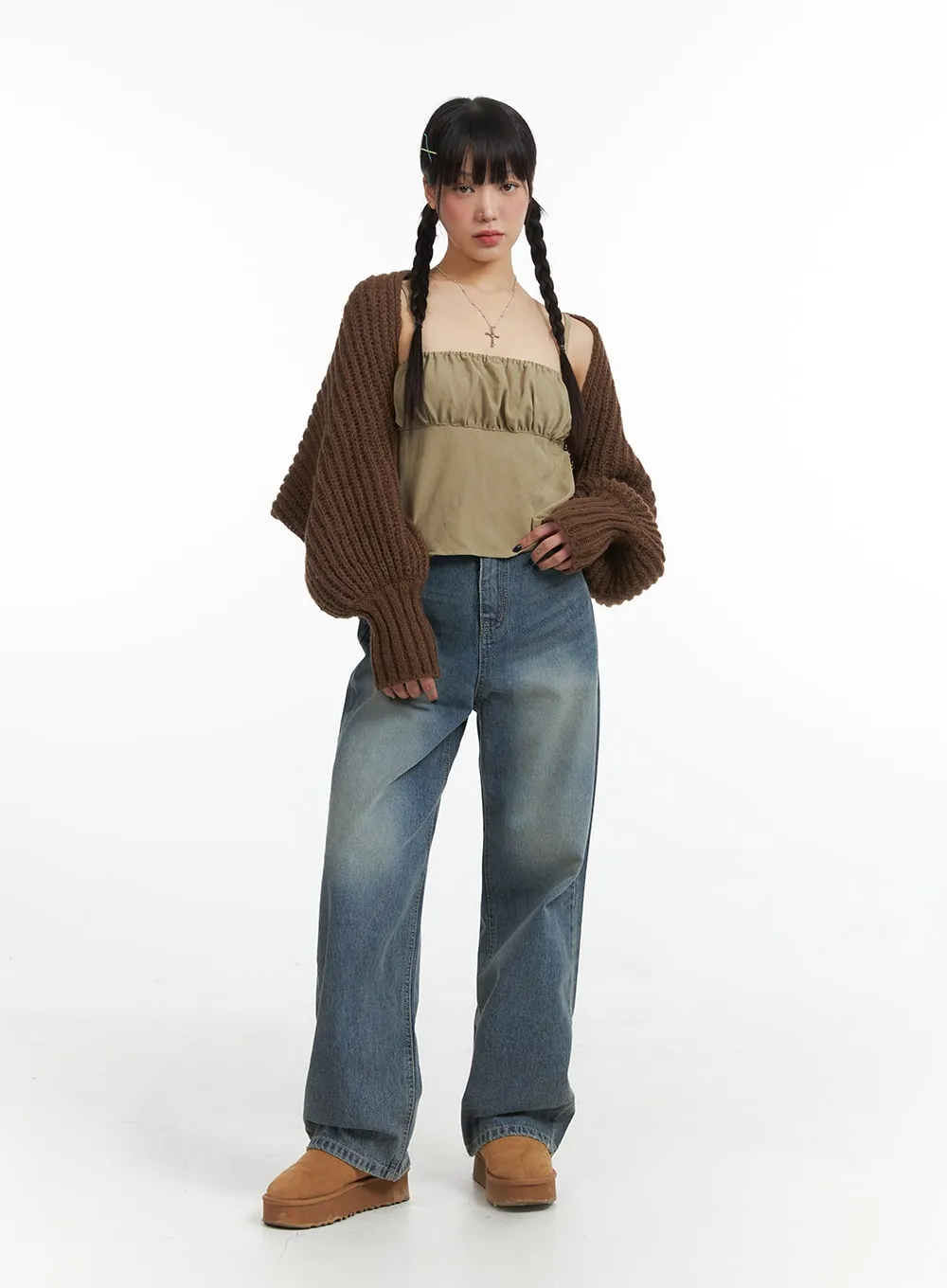 Mid Waist Pocket Straight Leg Jeans IJ411