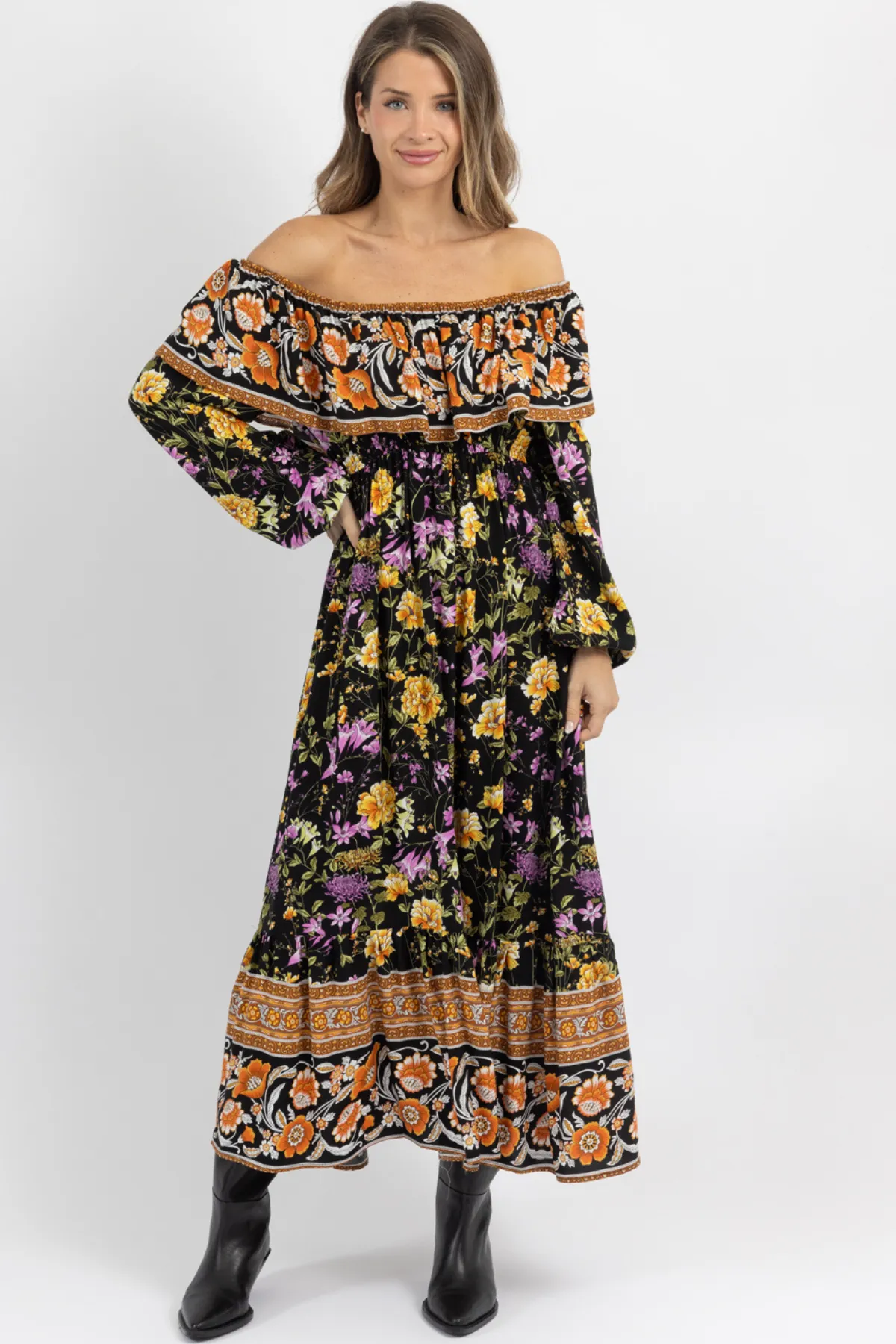 SOPHIE BLACK OFF SHOULDER MAXI DRESS