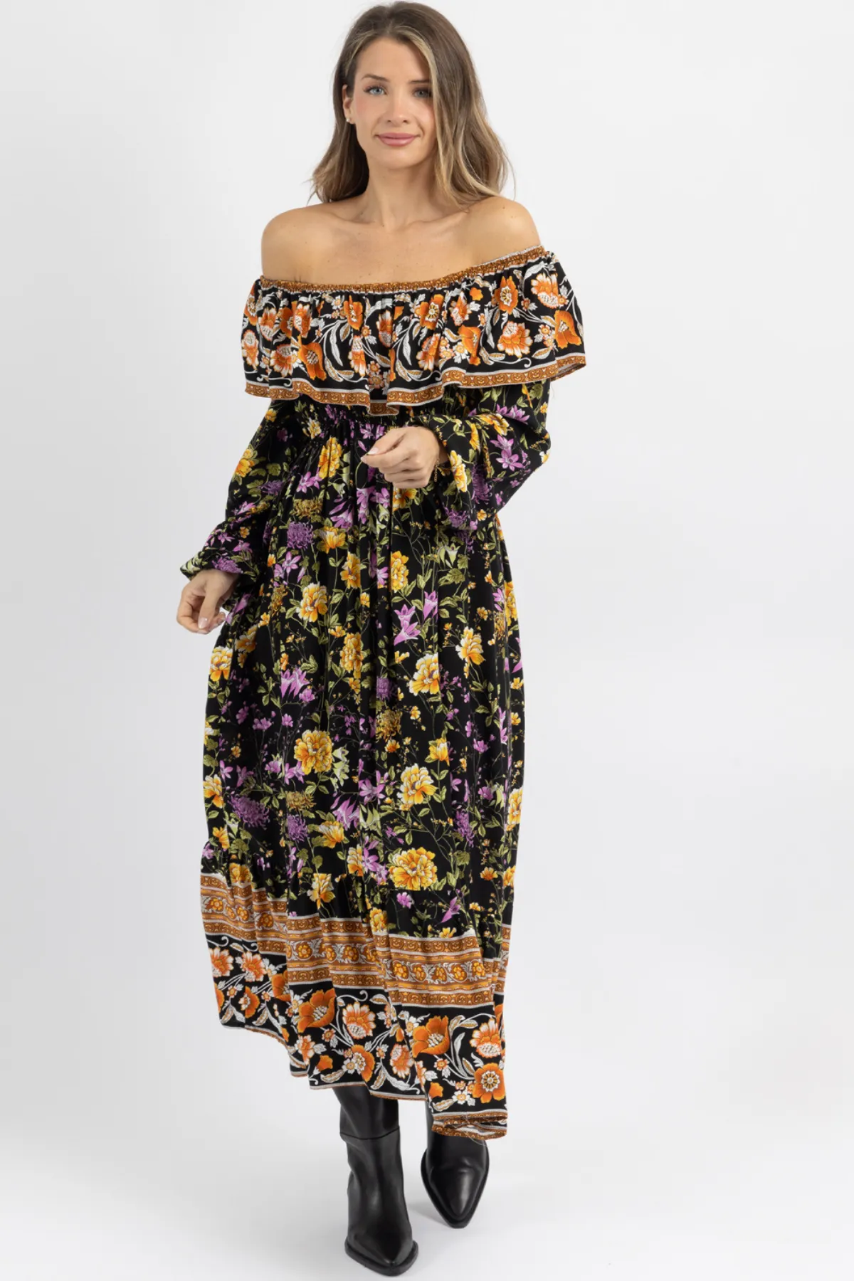 SOPHIE BLACK OFF SHOULDER MAXI DRESS