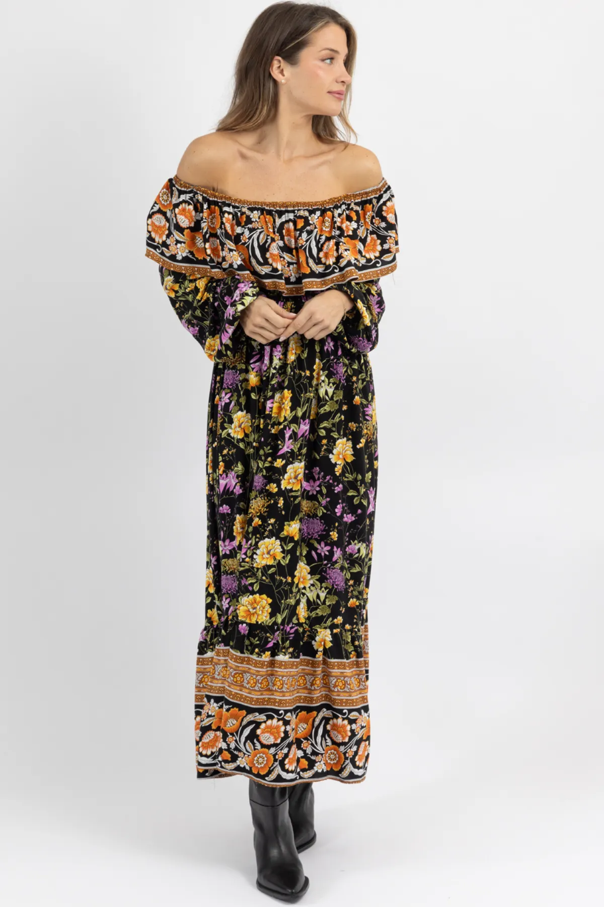 SOPHIE BLACK OFF SHOULDER MAXI DRESS