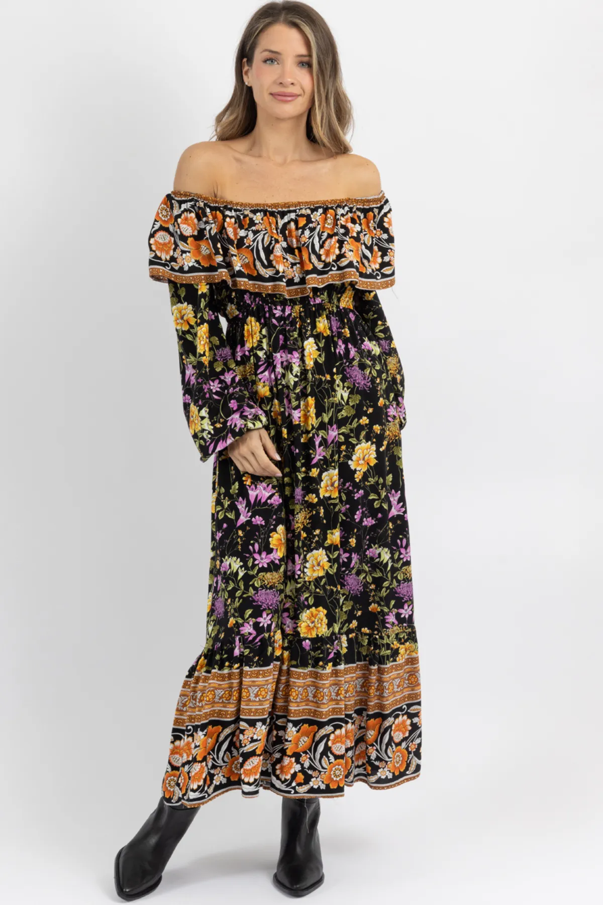 SOPHIE BLACK OFF SHOULDER MAXI DRESS