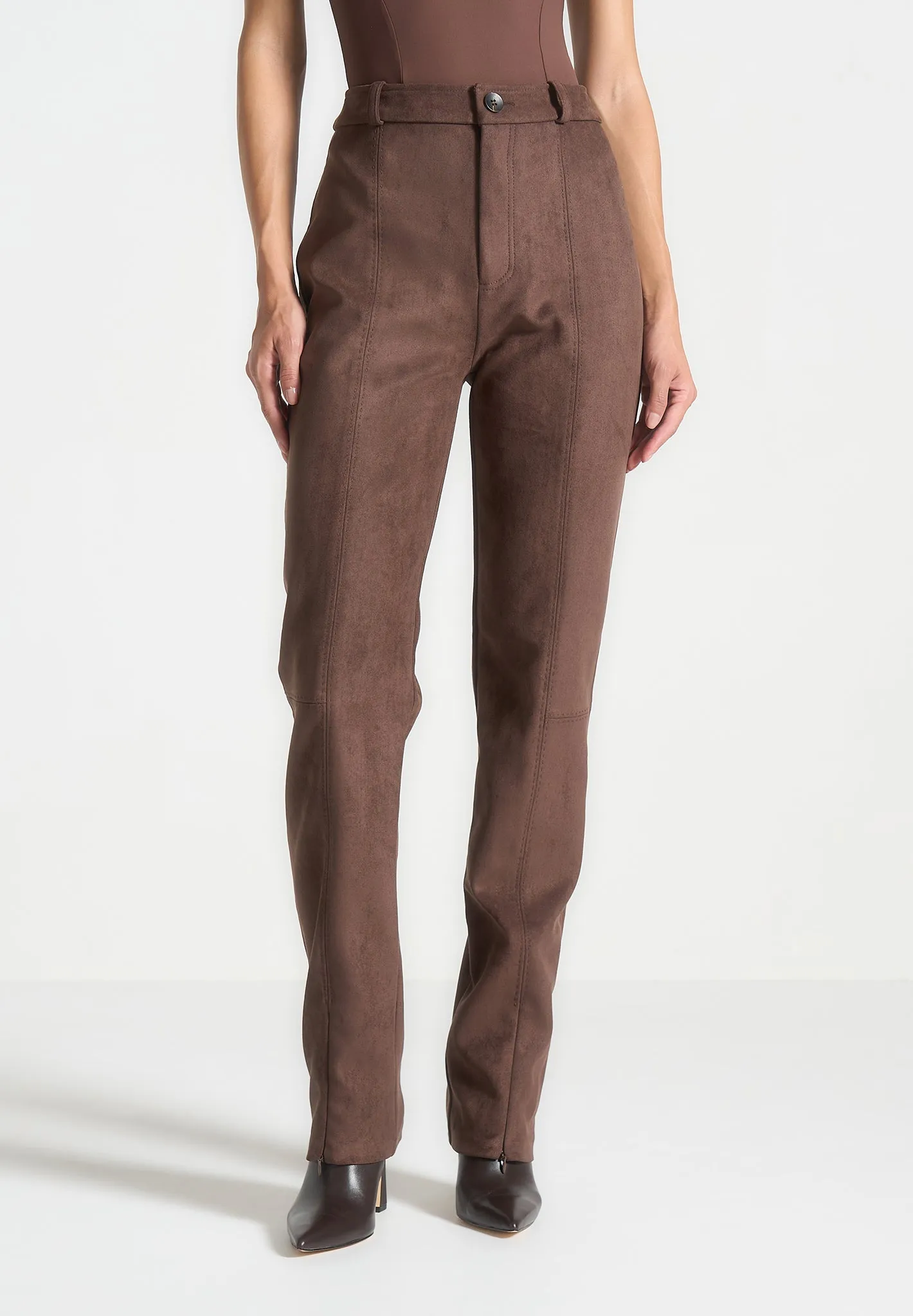 Suede Straight Leg Trousers - Brown