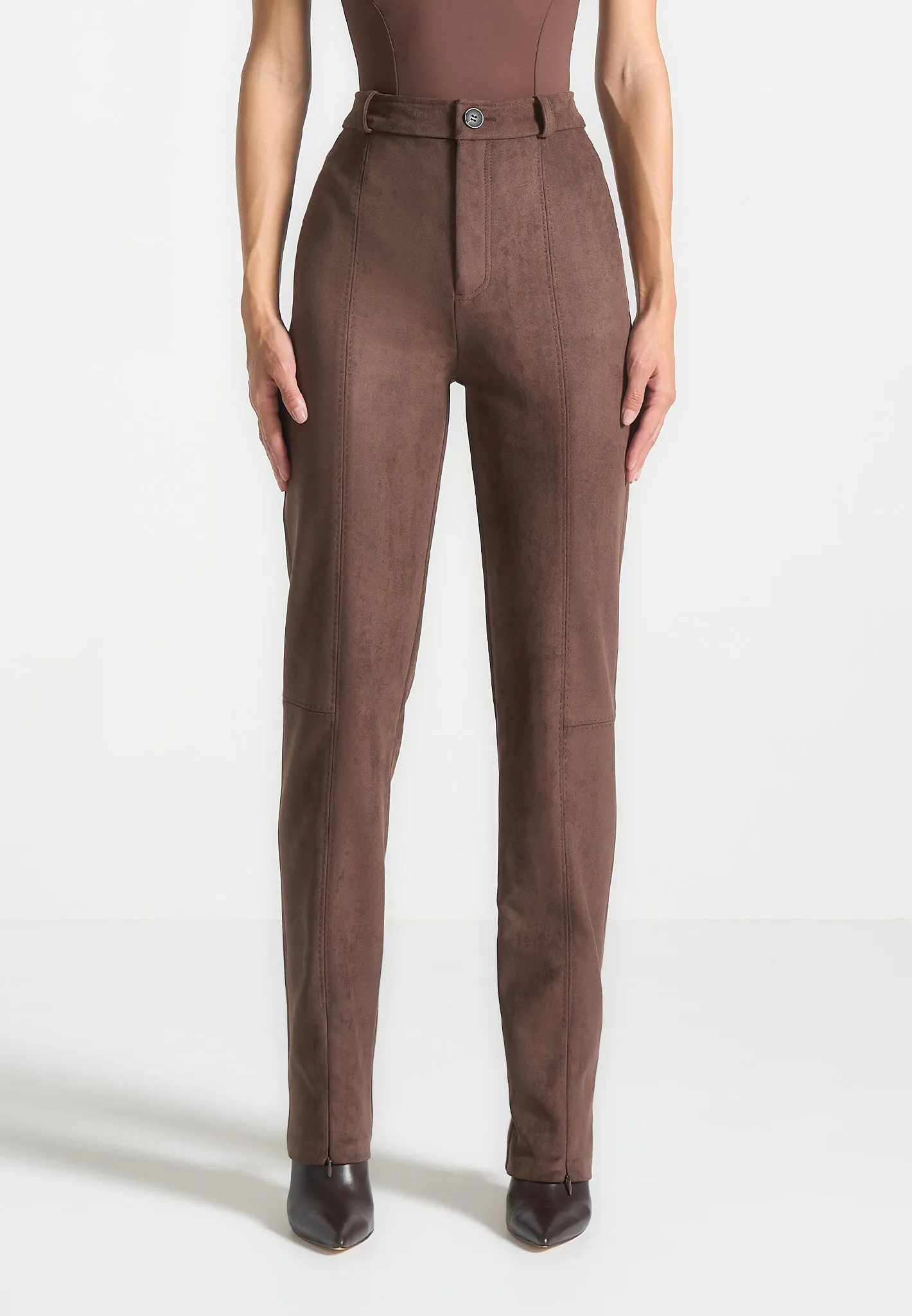 Suede Straight Leg Trousers - Brown