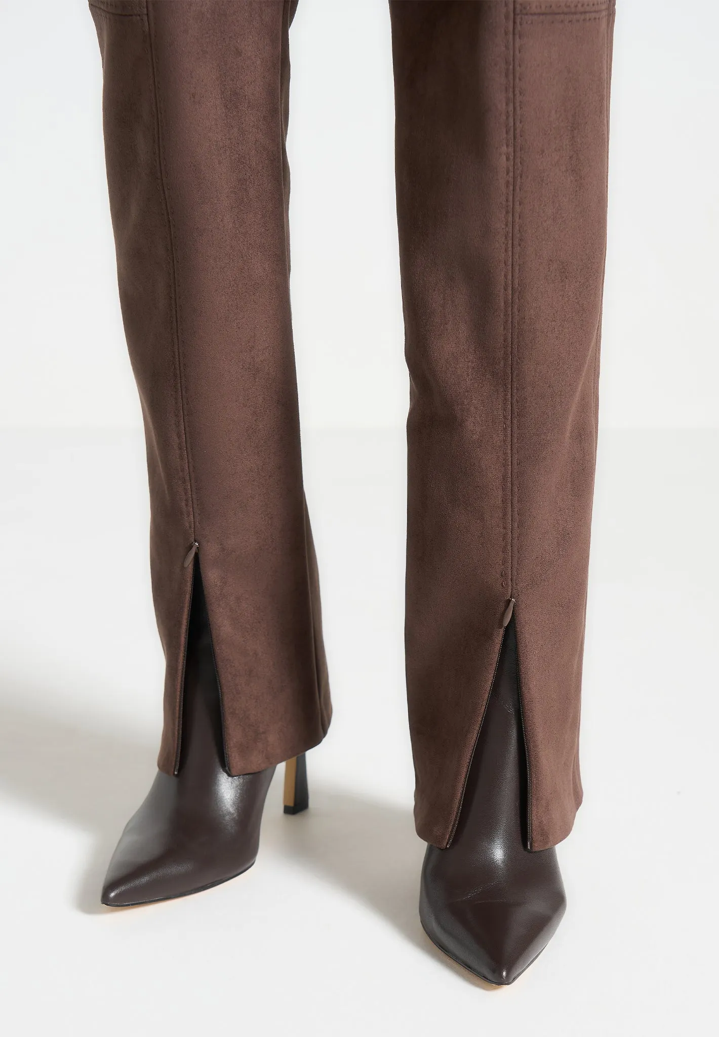 Suede Straight Leg Trousers - Brown