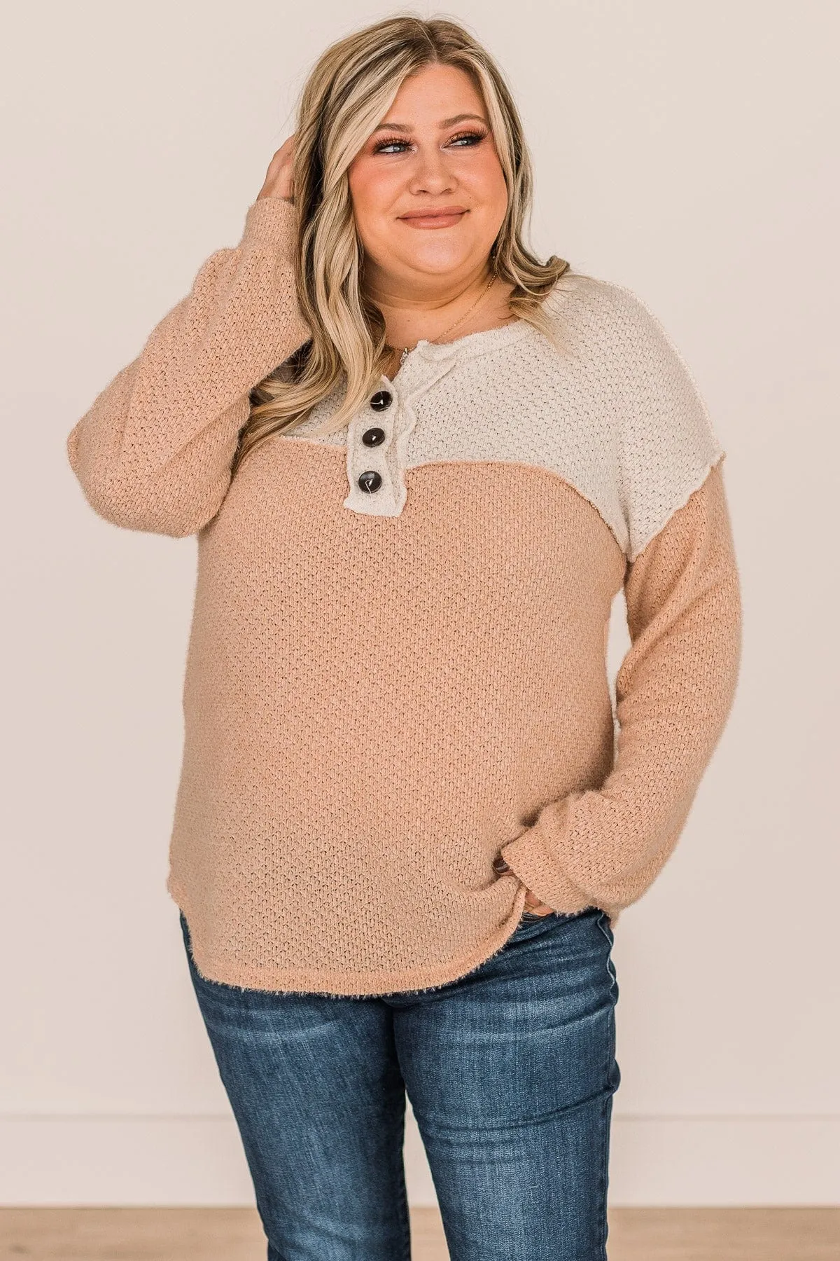 Button Knit Top- Ivory & Light Sherbet