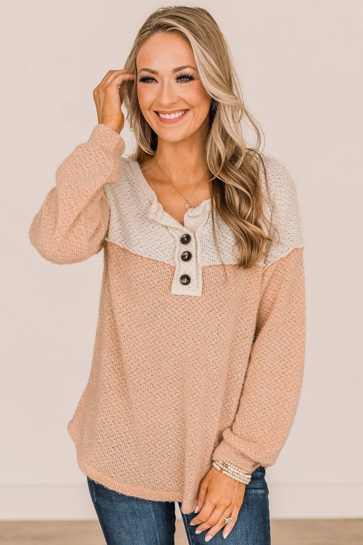 Button Knit Top- Ivory & Light Sherbet