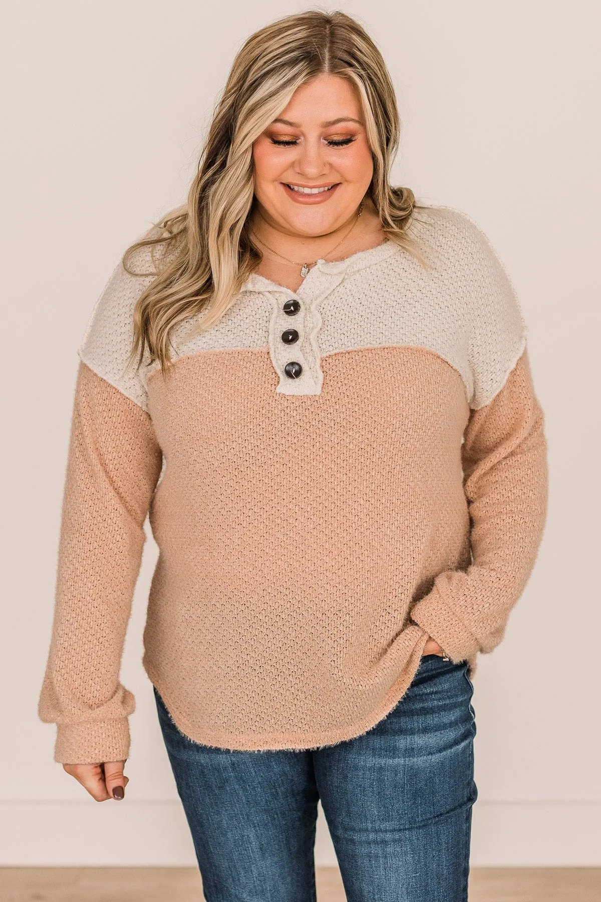 Button Knit Top- Ivory & Light Sherbet