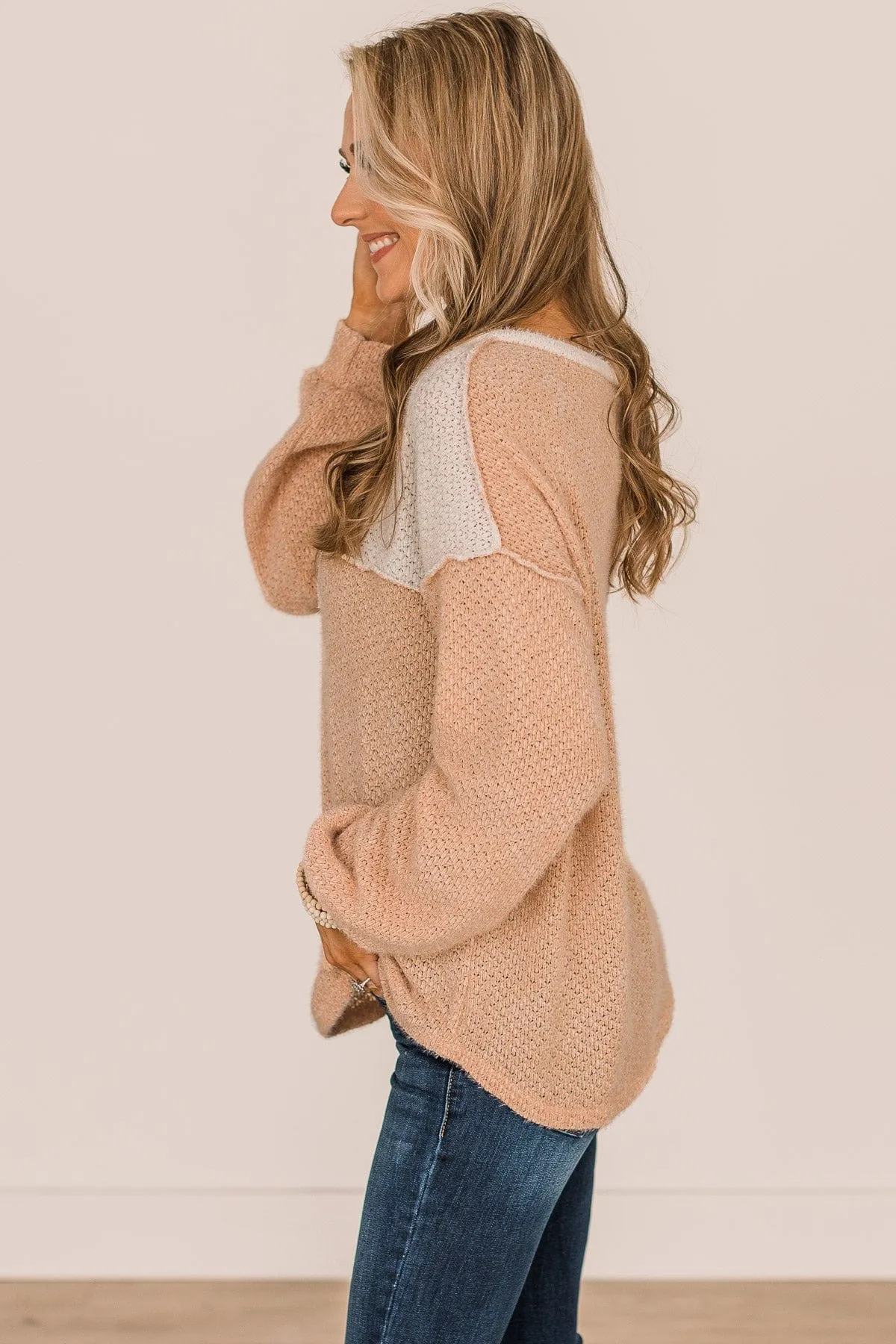 Button Knit Top- Ivory & Light Sherbet