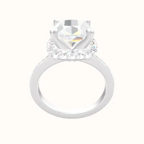 Tapered Channel Set Engagement Ring With V Prong Halo Head