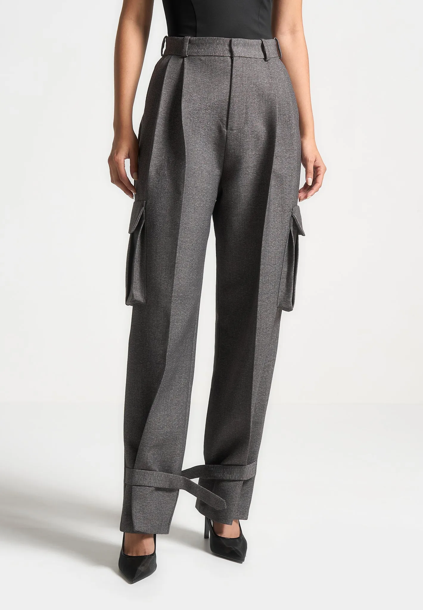 Textured Tailored Pleated Cargo Trousers - Grey Marl