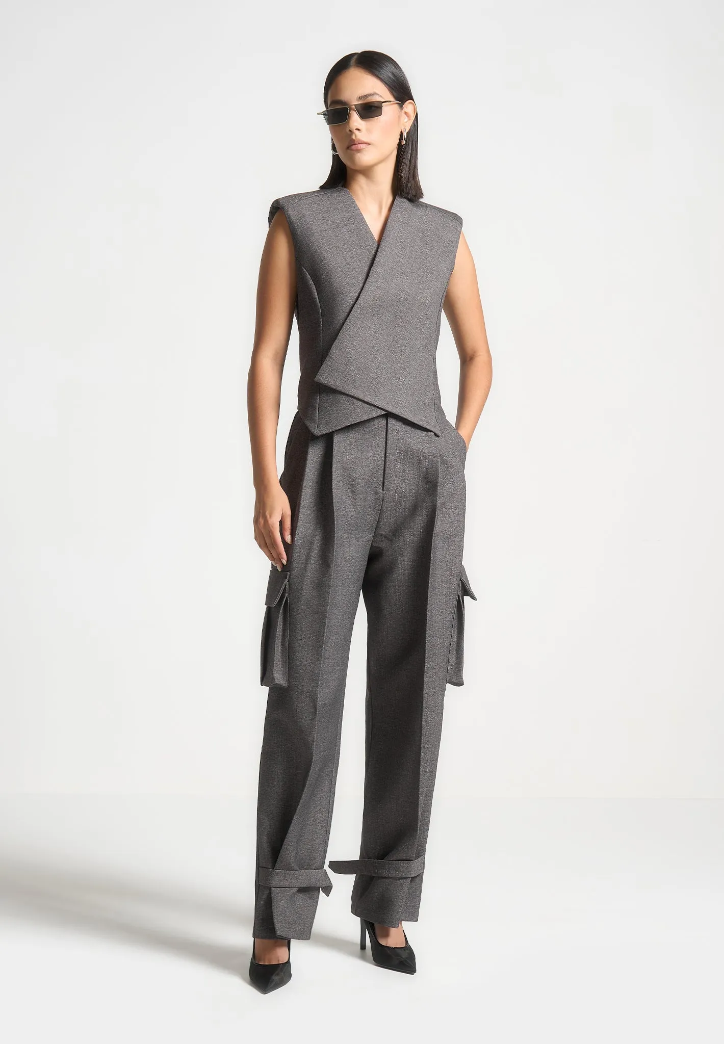 Textured Tailored Pleated Cargo Trousers - Grey Marl