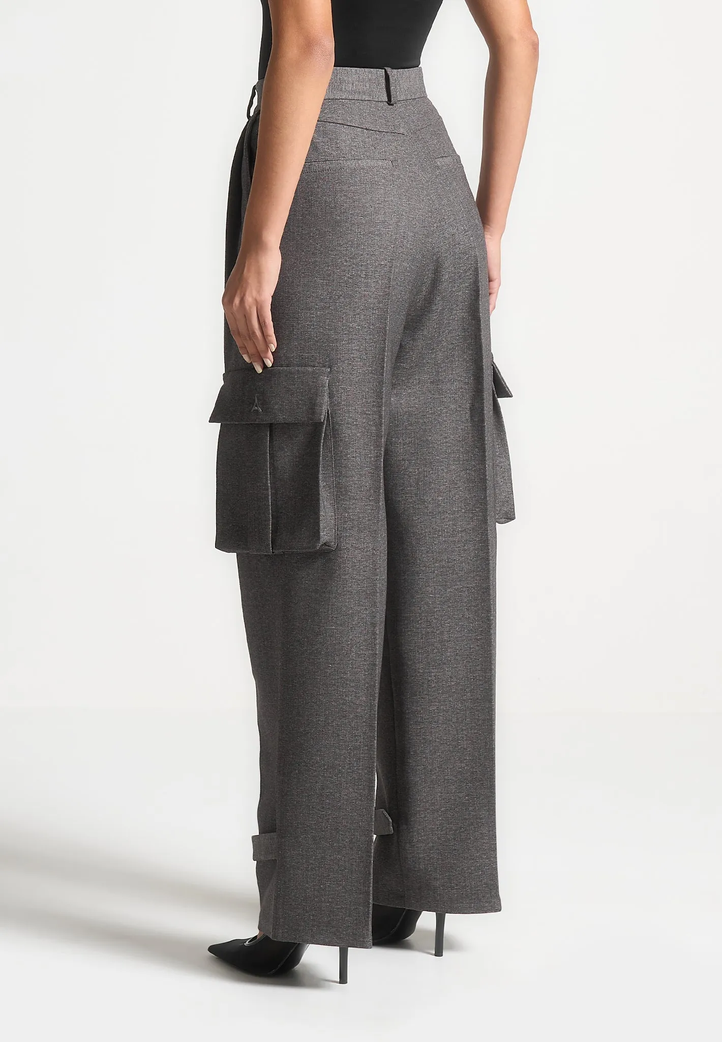 Textured Tailored Pleated Cargo Trousers - Grey Marl