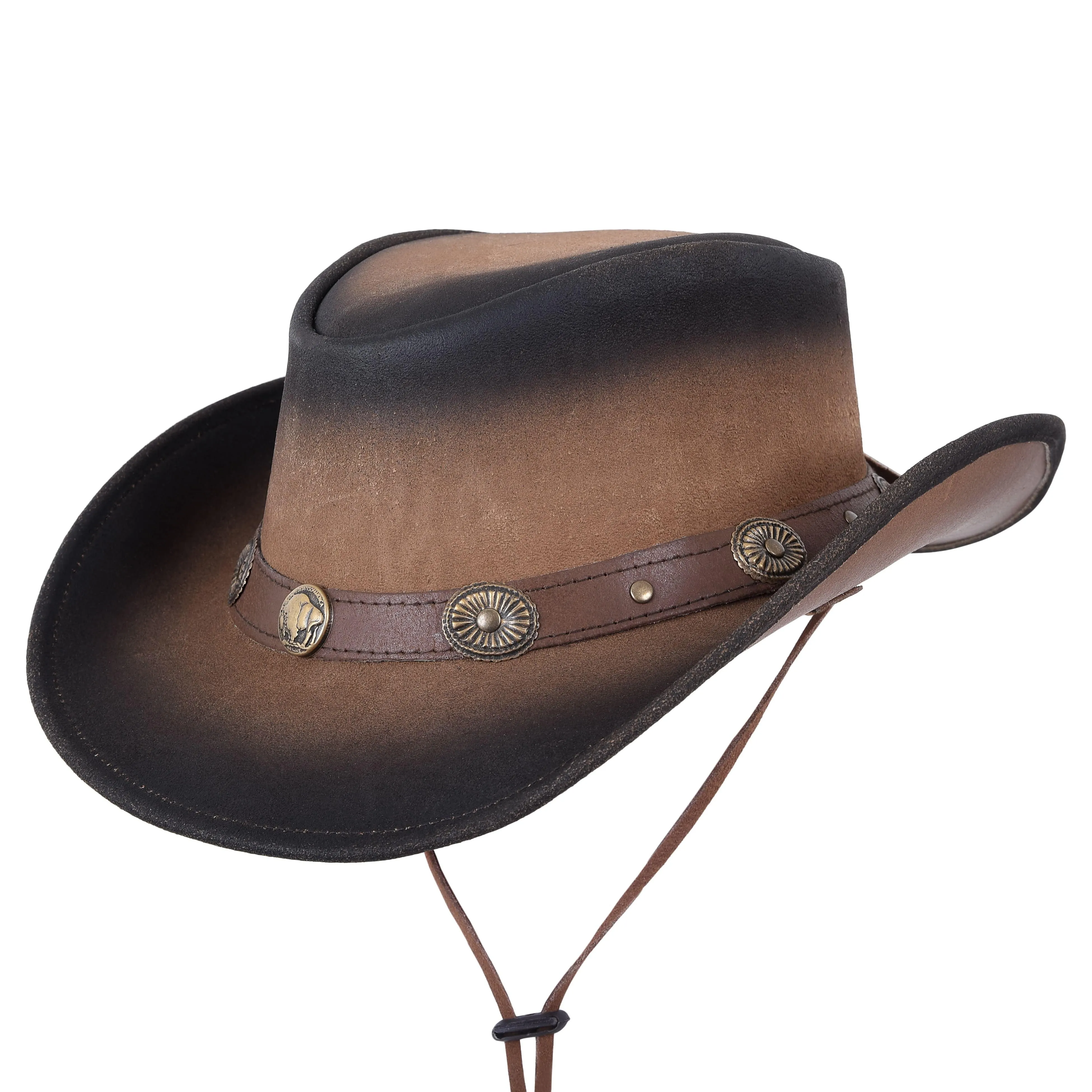 Two Tone Genuine Leather Western Style Cowboy Hat With Buffalo Nickel Band