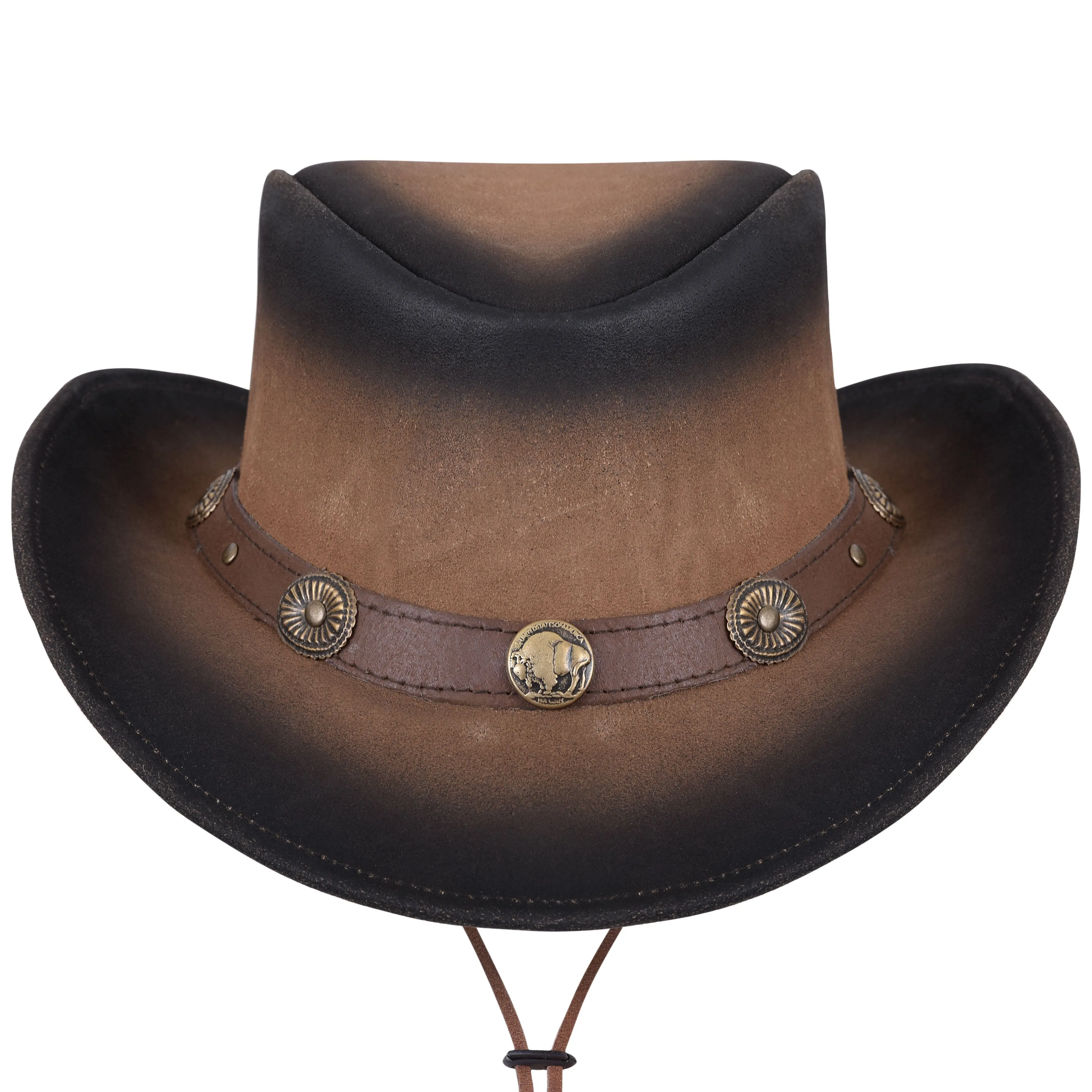 Two Tone Genuine Leather Western Style Cowboy Hat With Buffalo Nickel Band