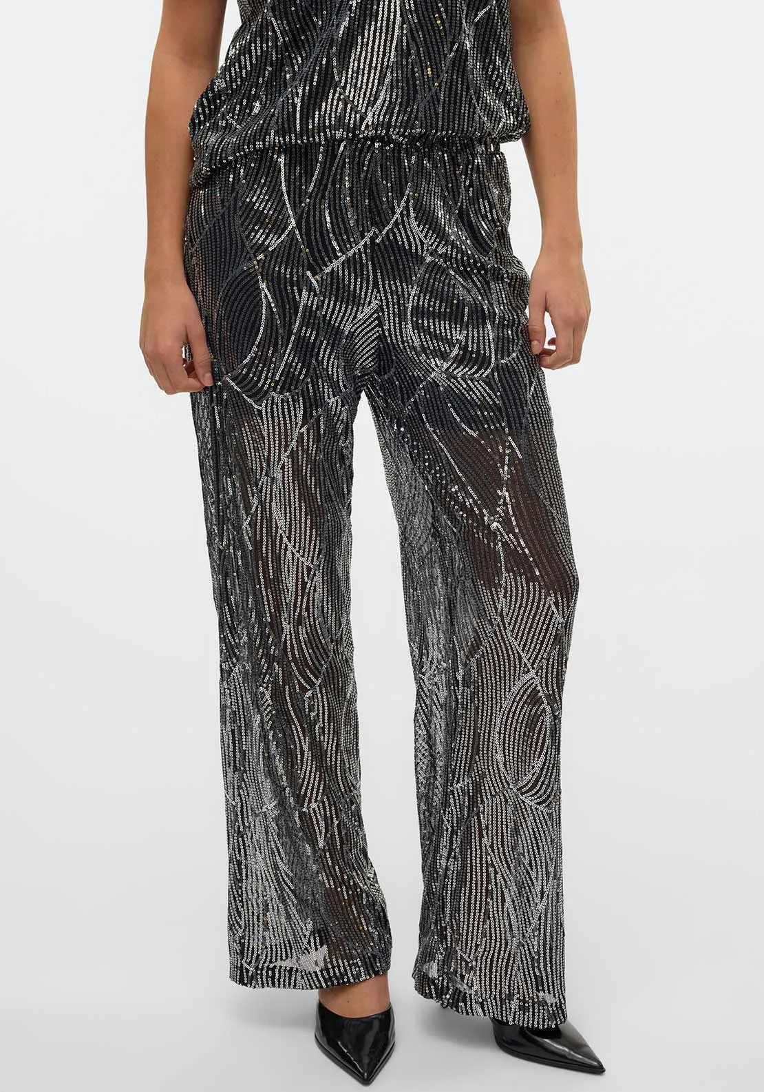 Vero Moda Ellen Sequin Wide Leg Trousers, Black