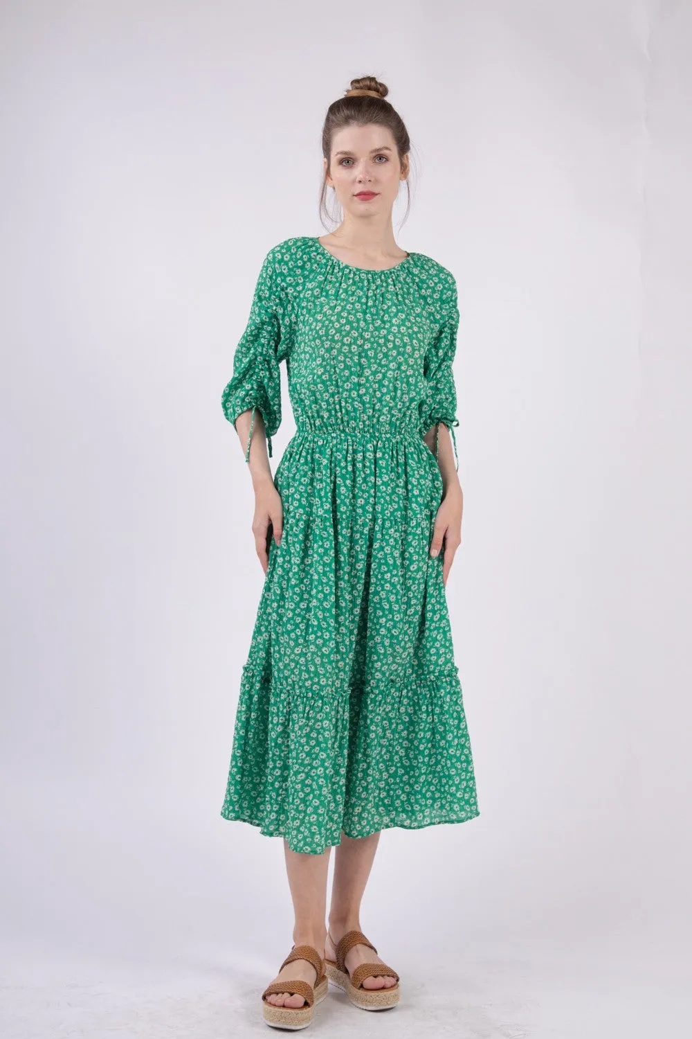 High J Print Gathered Layered Knee-Length Dress