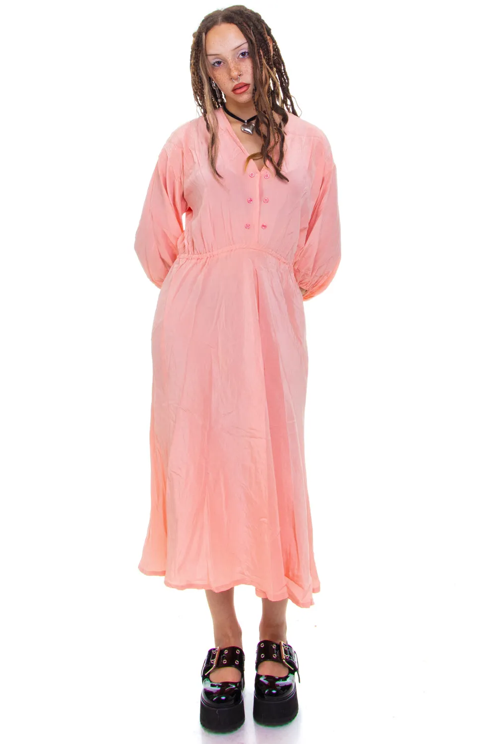 Vintage 70's Pink Silk Button Maxi Dress - S/M