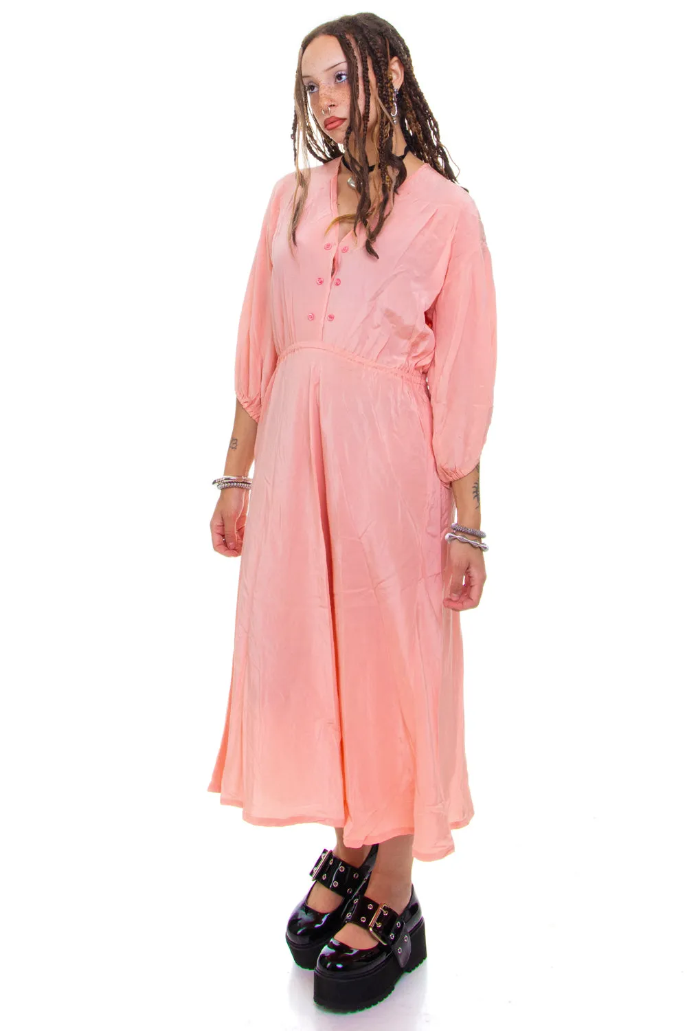 Vintage 70's Pink Silk Button Maxi Dress - S/M