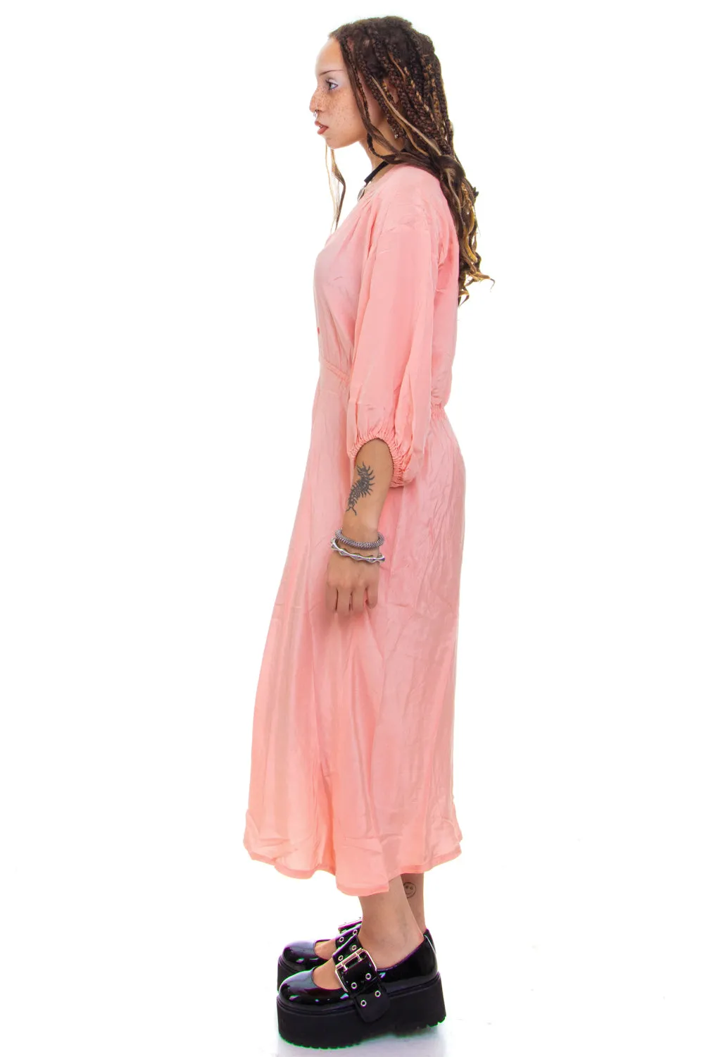 Vintage 70's Pink Silk Button Maxi Dress - S/M