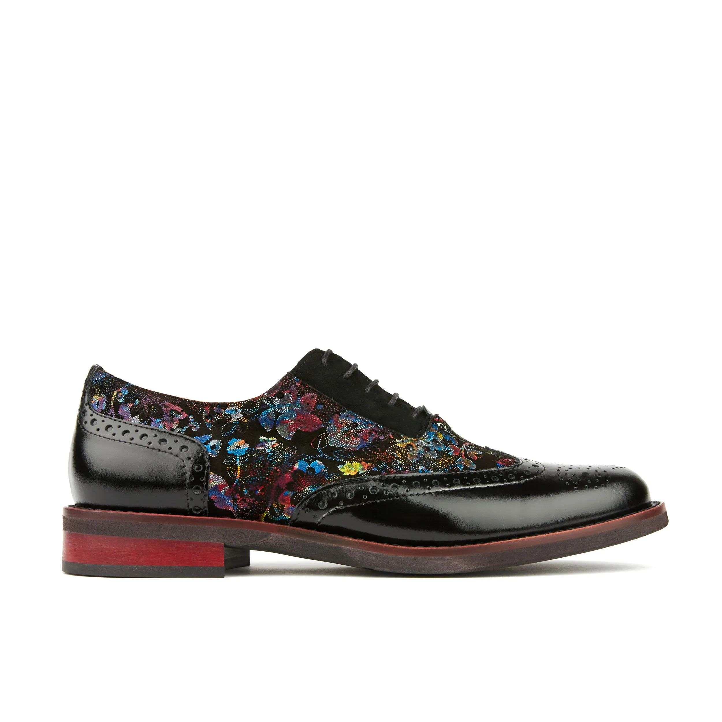 VIVIENNE BLACK FLOWER - Women's almond toe lace up leather oxfords with broguing