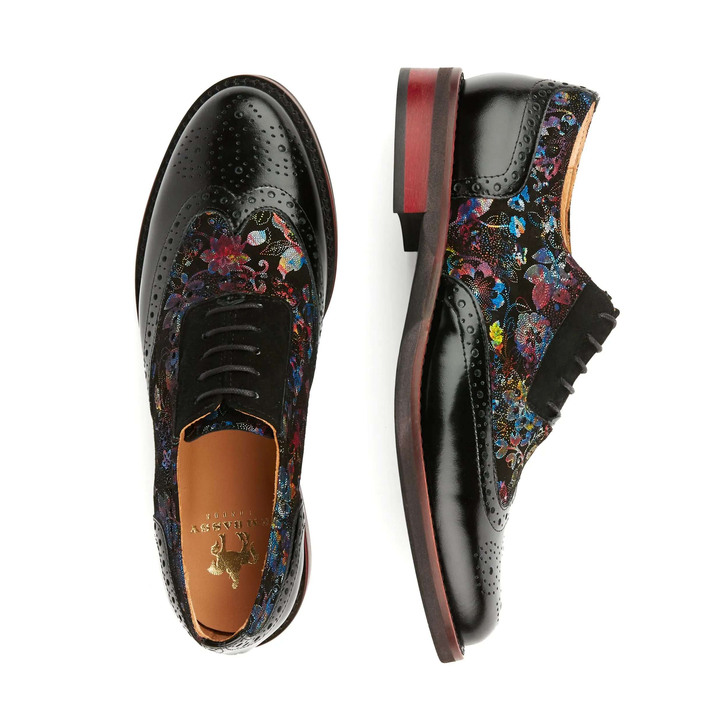 VIVIENNE BLACK FLOWER - Women's almond toe lace up leather oxfords with broguing