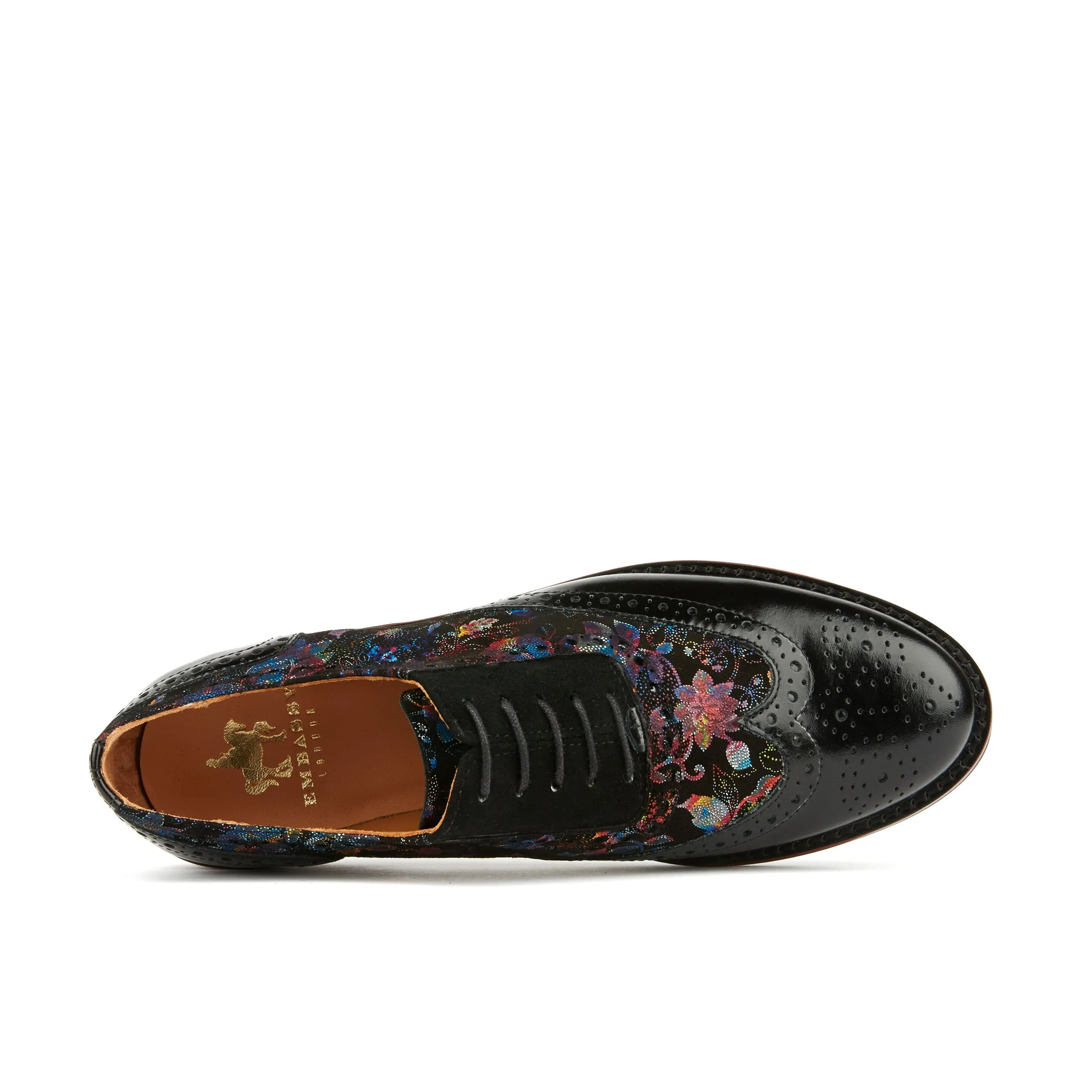 VIVIENNE BLACK FLOWER - Women's almond toe lace up leather oxfords with broguing