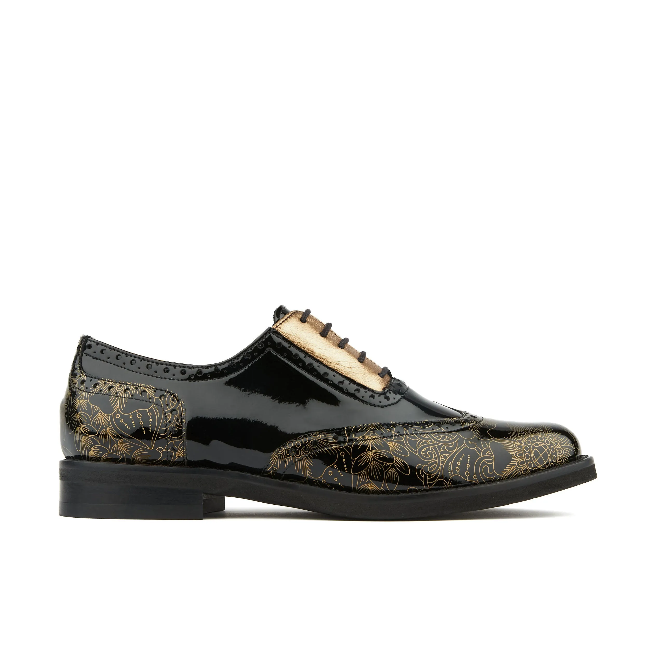 VIVIENNE GOLD GLOSS - Women's leather oxfords with wingtip and brogue detail in black