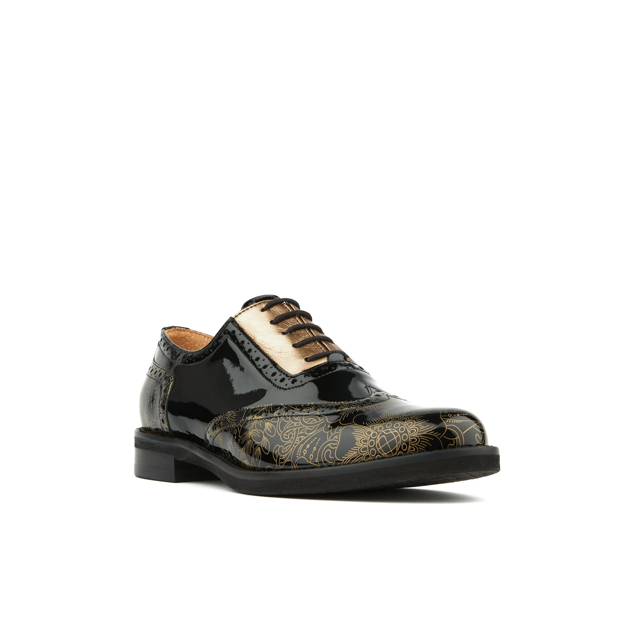 VIVIENNE GOLD GLOSS - Women's leather oxfords with wingtip and brogue detail in black