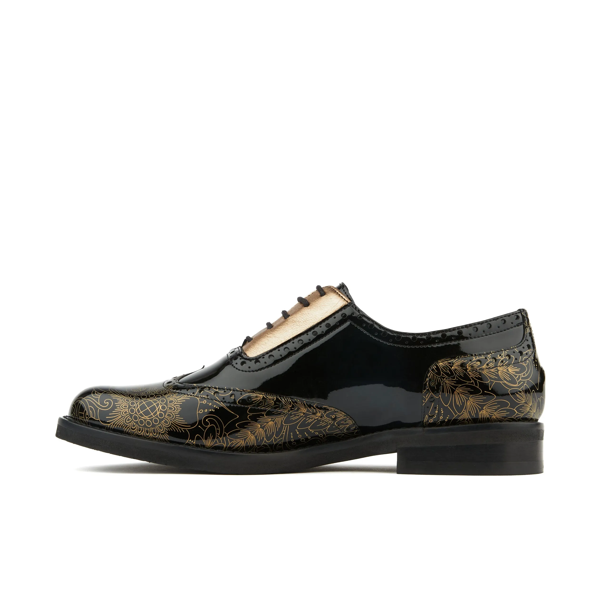 VIVIENNE GOLD GLOSS - Women's leather oxfords with wingtip and brogue detail in black