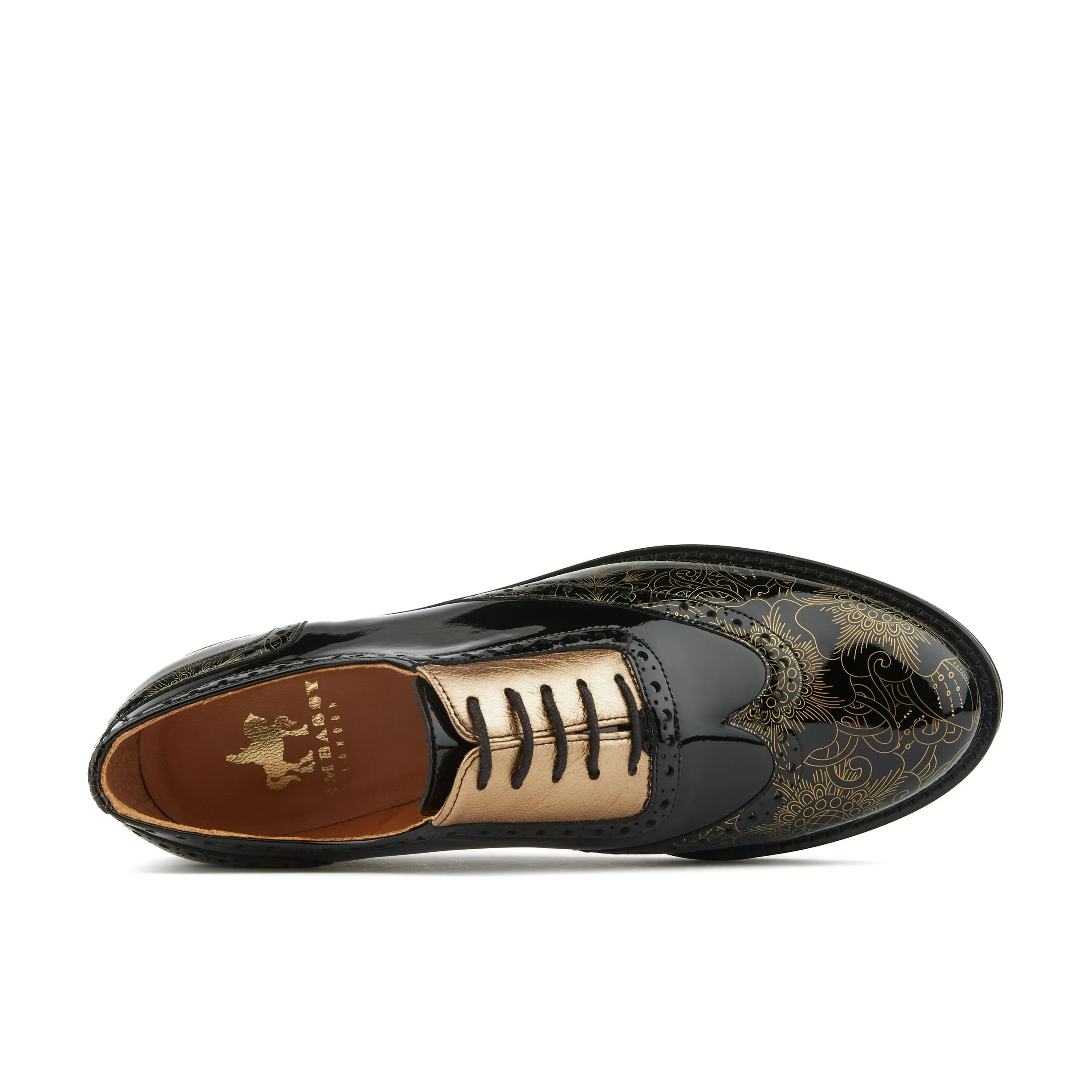 VIVIENNE GOLD GLOSS - Women's leather oxfords with wingtip and brogue detail in black