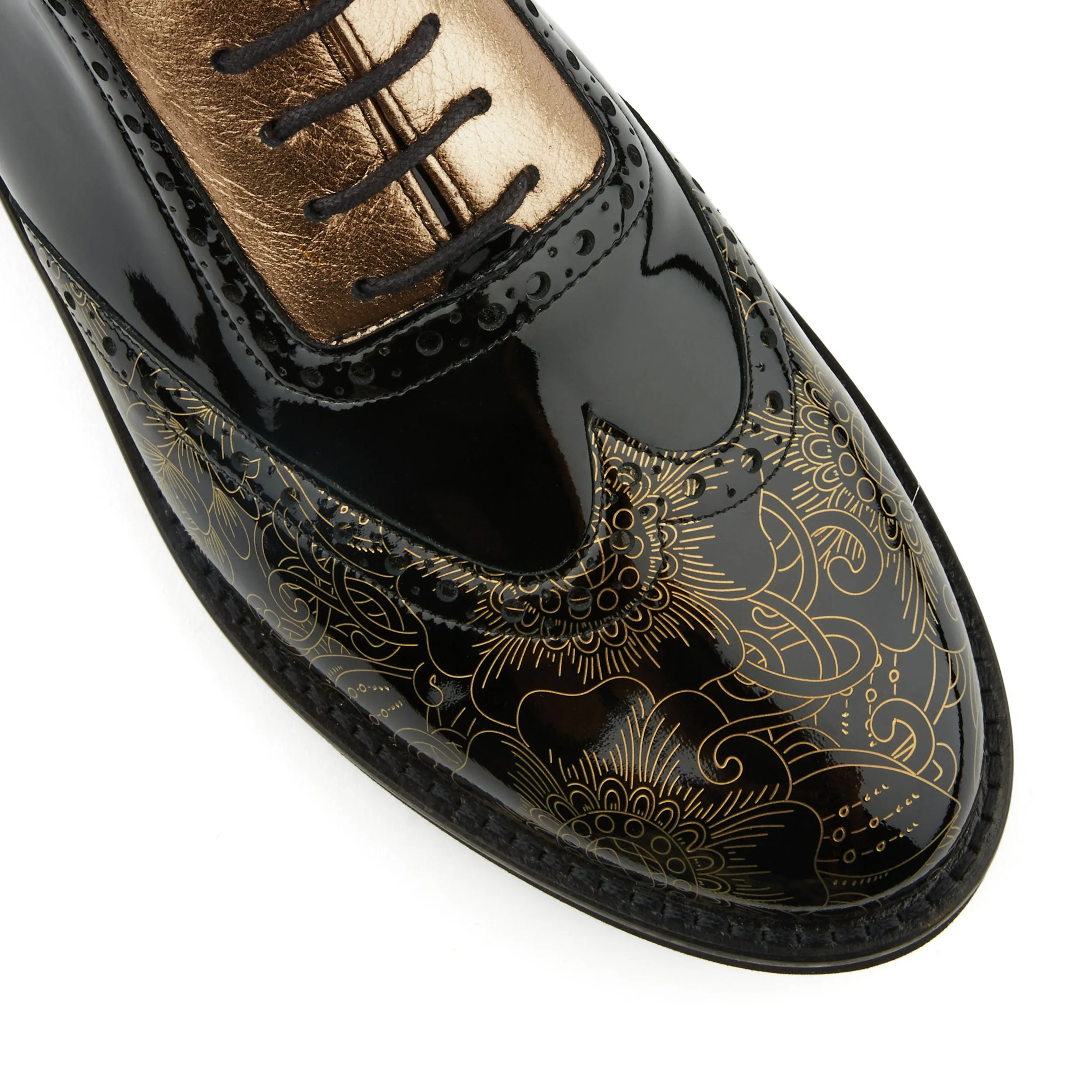 VIVIENNE GOLD GLOSS - Women's leather oxfords with wingtip and brogue detail in black