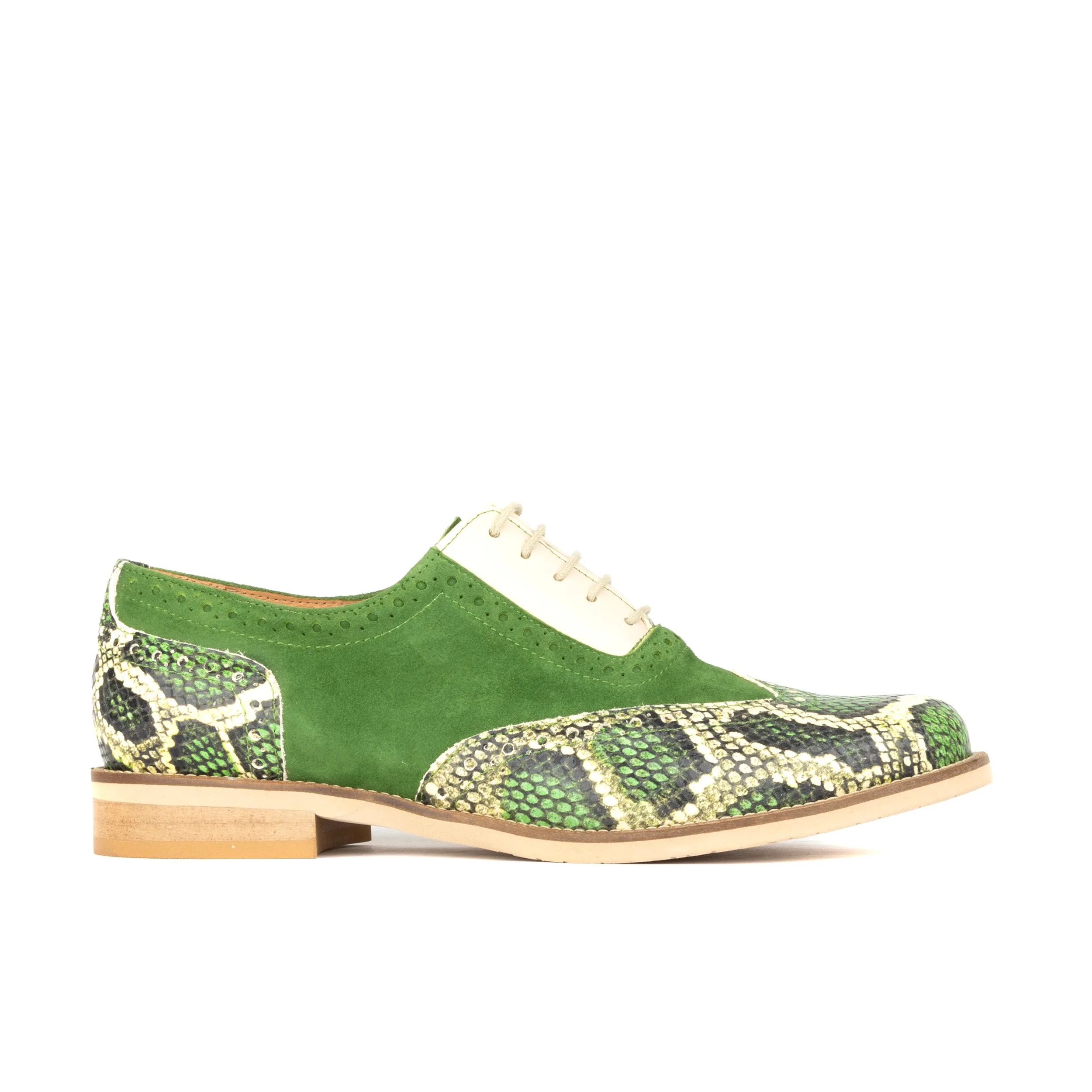 VIVIENNE GREEN SNAKE - Women's almond toe lace up leather oxfords with broguing