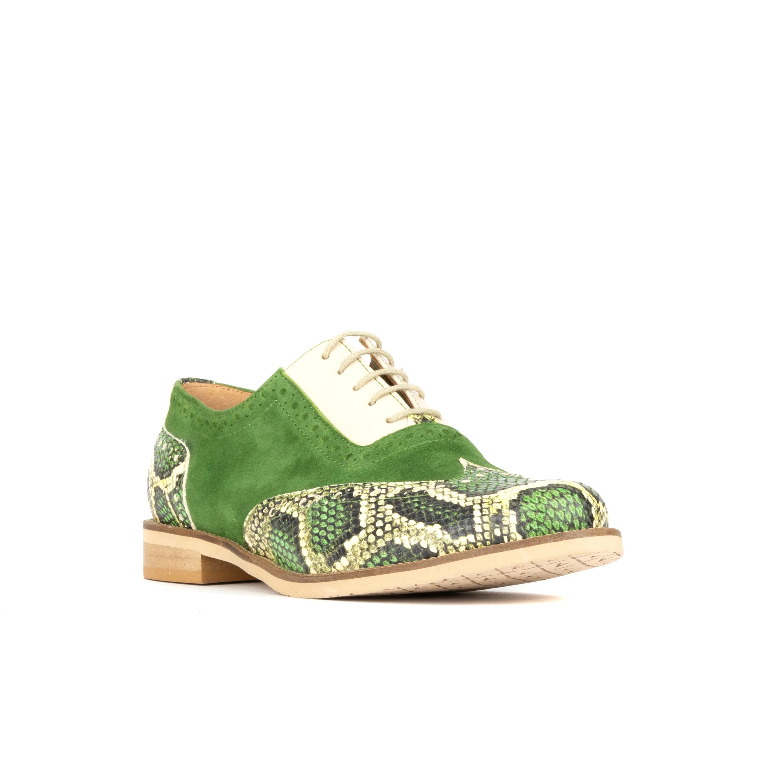 VIVIENNE GREEN SNAKE - Women's almond toe lace up leather oxfords with broguing