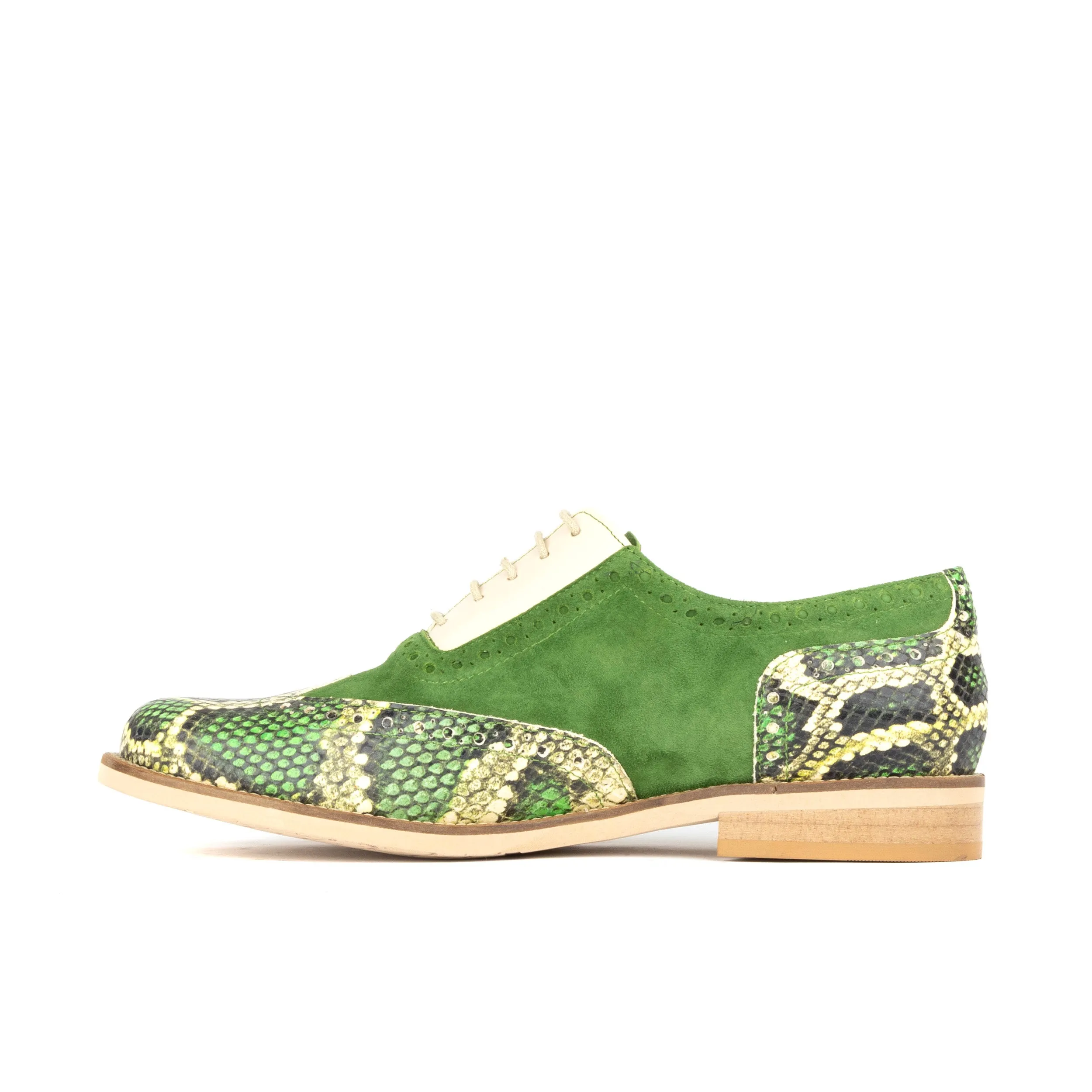 VIVIENNE GREEN SNAKE - Women's almond toe lace up leather oxfords with broguing