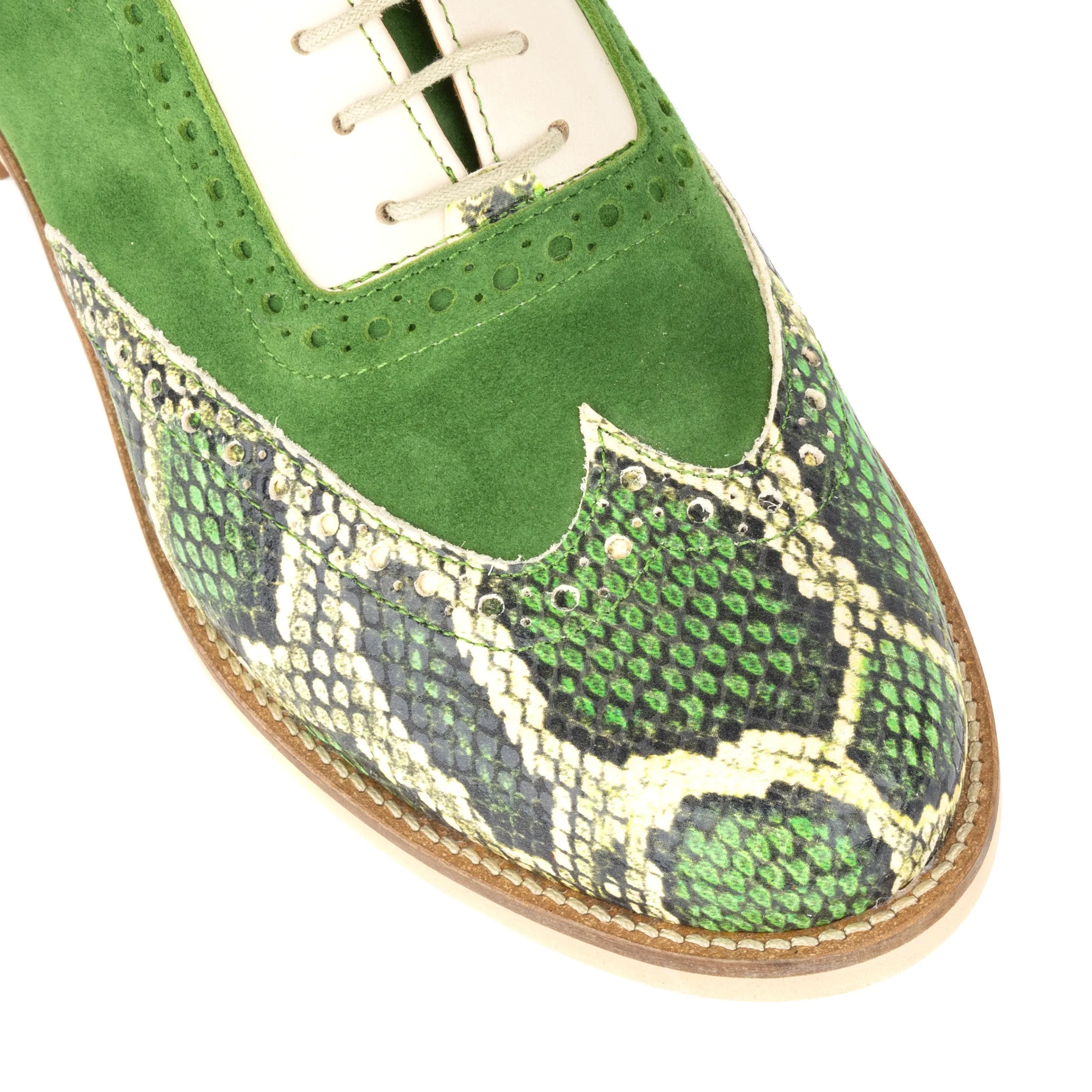 VIVIENNE GREEN SNAKE - Women's almond toe lace up leather oxfords with broguing