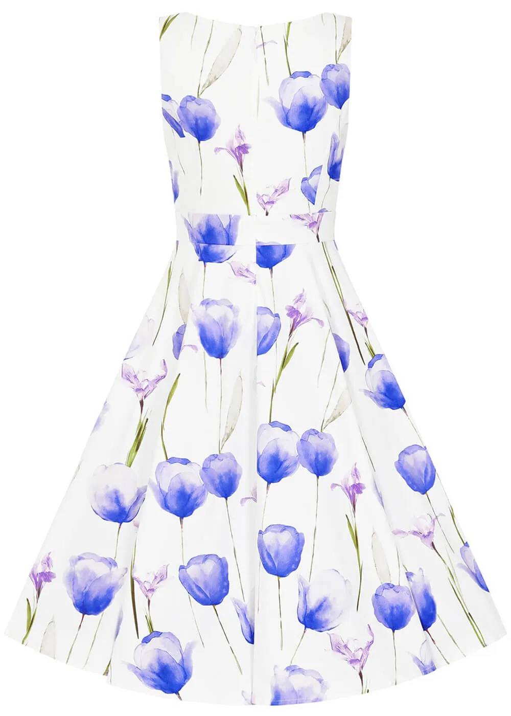 Vintage Swing Dress in White Blue with Floral Print Mid-century Style